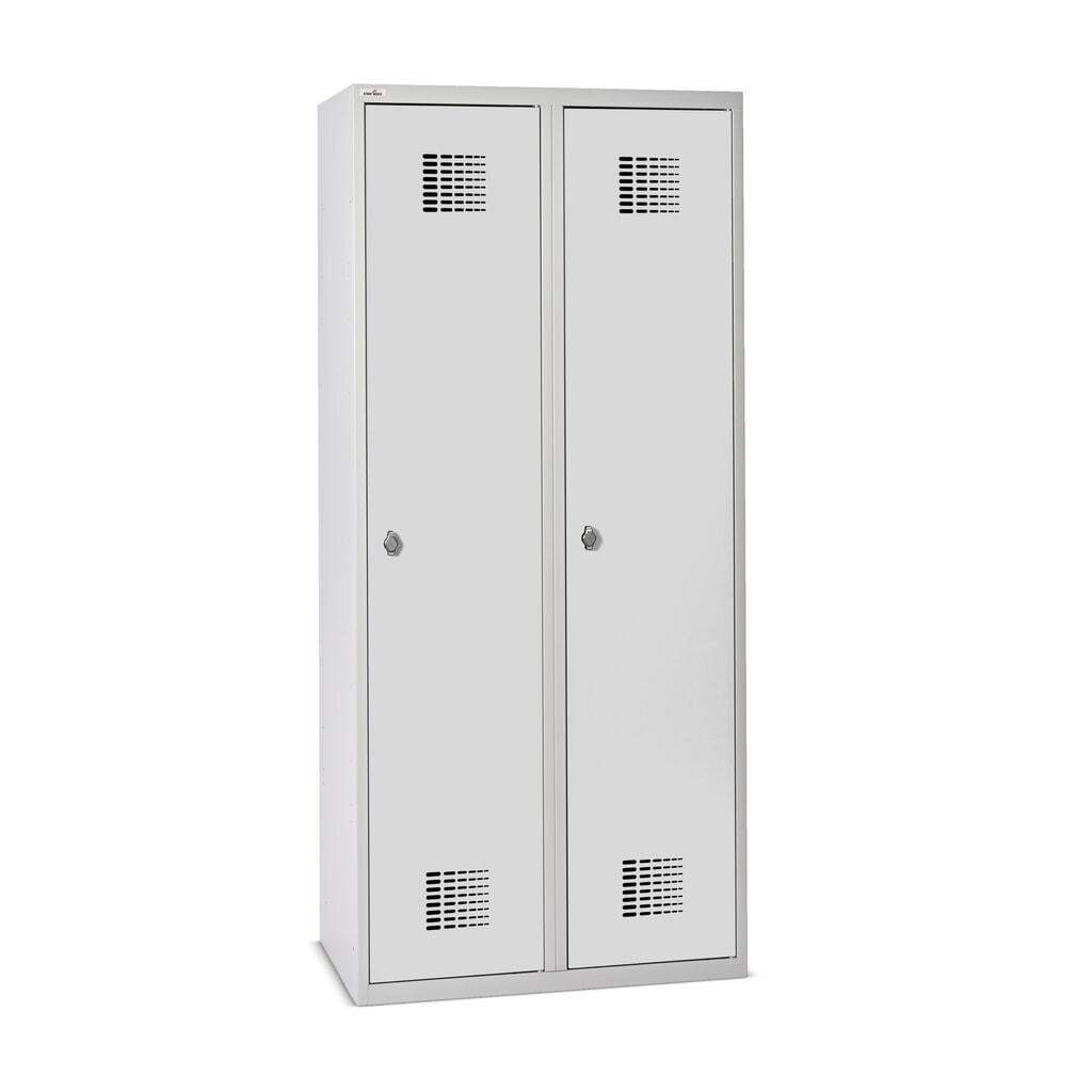 Skříňka Steinbock® s podstavcem, 2 přihrádky, středová dělicí příčka, zámek s otočnou západkou, VxŠxH 1800 x 800 x 500 mm, světle šedá/antracitová šedá Obrázek produktu: Skříňka Steinbock® s podstavcem, 2 přihrádky, středová dělicí příčka, zámek s otočnou západkou, VxŠxH 1800 x 800 x 500 mm, světle šedá/antracitová šedá