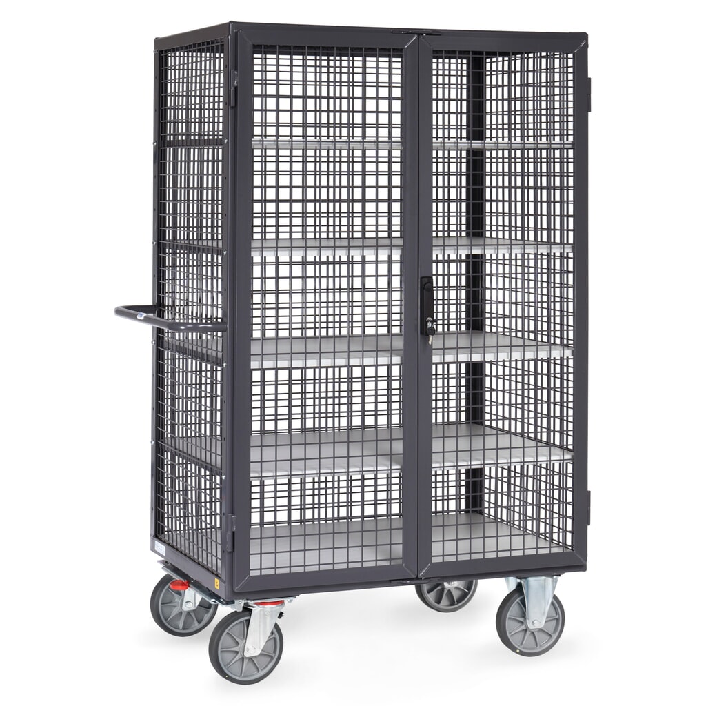 Skříňový vozík ESD fetra®, nosnost 750 kg, mřížové stěny, dvojkřídlé dveře, 5 pater à 1000 × 680 mm Obrázek produktu: Skříňový vozík ESD fetra®, nosnost 750 kg, mřížové stěny, dvojkřídlé dveře, 5 pater à 1000 × 680 mm