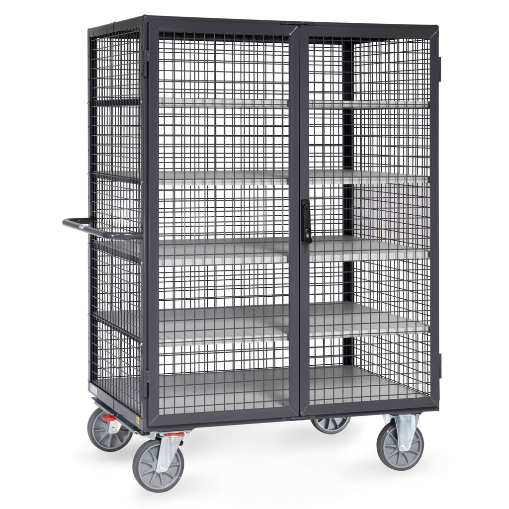 Skříňový vozík ESD fetra®, nosnost 750 kg, mřížové stěny, dvojkřídlé dveře, 5 pater à 1200 × 780 mm Obrázek produktu: Skříňový vozík ESD fetra®, nosnost 750 kg, mřížové stěny, dvojkřídlé dveře, 5 pater à 1200 × 780 mm
