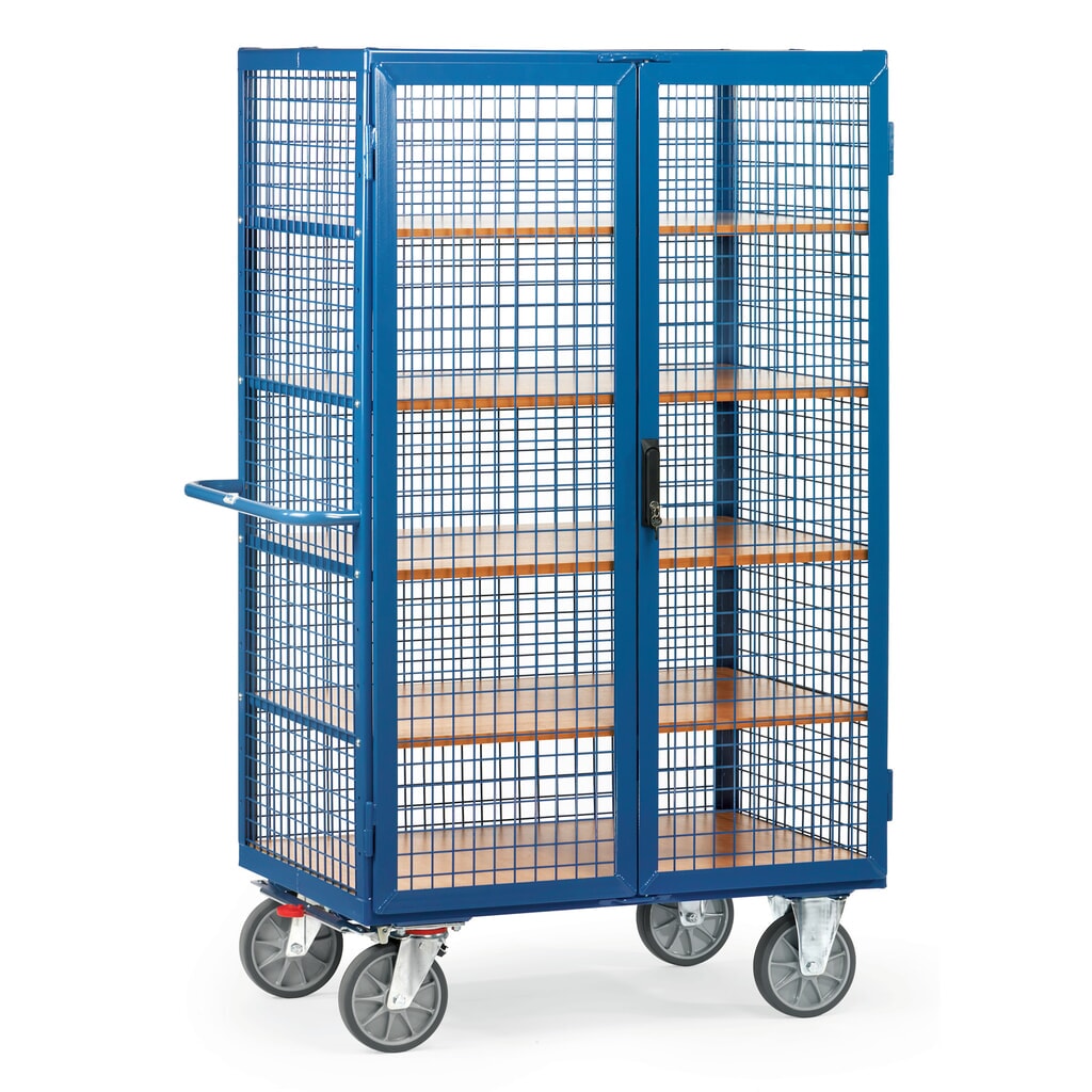 Skříňový vozík fetra®, nosnost 750 kg, mřížové stěny, dvojkřídlé dveře, 5 pater à 1000 × 680 mm Obrázek produktu: Skříňový vozík fetra®, nosnost 750 kg, mřížové stěny, dvojkřídlé dveře, 5 pater à 1000 × 680 mm