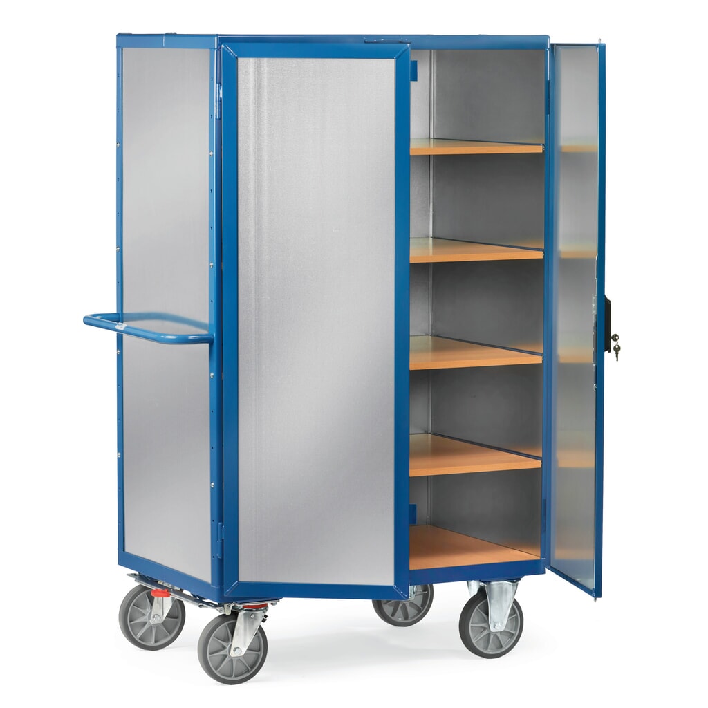 Skříňový vozík fetra®, uzavřený, dvojkřídlé dveře, ocelový plech, 5 pater à 1000 x 680 mm Obrázek produktu: Skříňový vozík fetra®, uzavřený, dvojkřídlé dveře, ocelový plech, 5 pater à 1000 x 680 mm