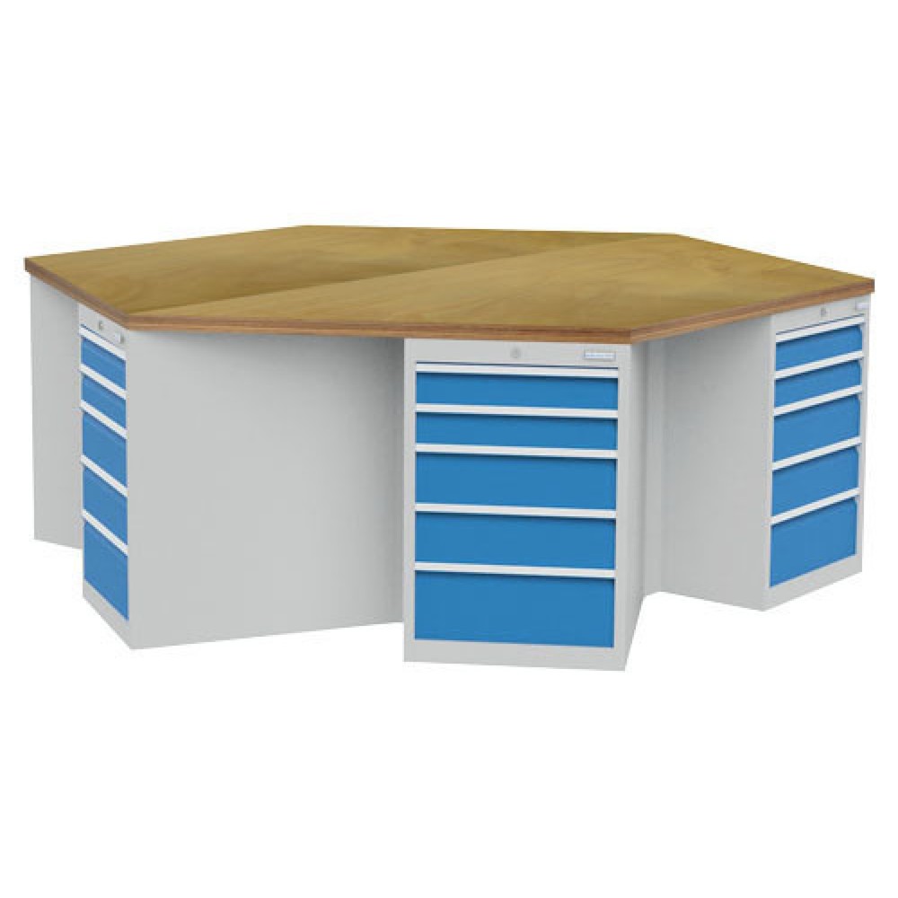 Číslo obrázku produktu 1: Skupinový dílenský stůl Bedrunka+Hirth R 18-24, zásuvky 30 ks, VxŠxH 859 x 2500 x 2165 mm, světle šedá, světle modrá
