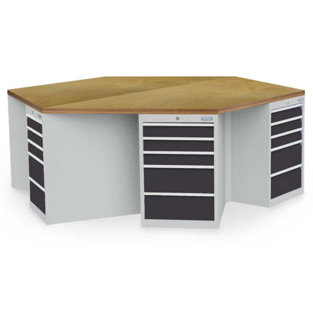 Skupinový dílenský stůl Bedrunka+Hirth R 18-24, zásuvky 30 ks, VxŠxH 859 x 2500 x 2165 mm, světle šedá, antracitová šedá Obrázek produktu: Skupinový dílenský stůl Bedrunka+Hirth R 18-24, zásuvky 30 ks, VxŠxH 859 x 2500 x 2165 mm, světle šedá, antracitová šedá