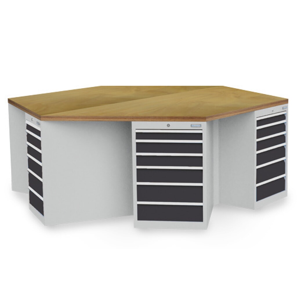 Skupinový dílenský stůl Bedrunka+Hirth R 18-24, zásuvky 36 ks, VxŠxH 859 x 2500 x 2165 mm, světle šedá, antracitová šedá Obrázek produktu: Skupinový dílenský stůl Bedrunka+Hirth R 18-24, zásuvky 36 ks, VxŠxH 859 x 2500 x 2165 mm, světle šedá, antracitová šedá