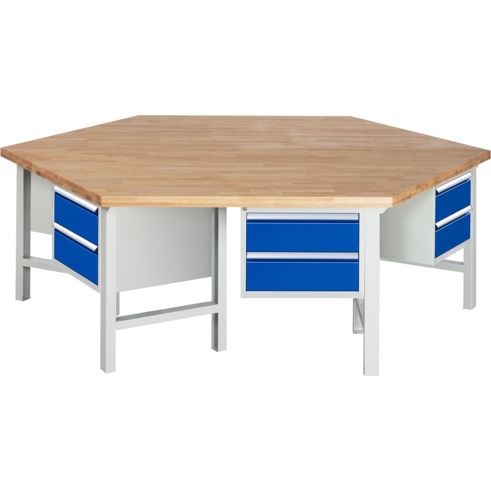 Číslo obrázku produktu 1: Skupinový dílenský stůl RAU řada 4000, V×Š×H 790-1140 × 2700 × 2340 mm, 6 spodních kontejnerů, každý se 2 zásuvkami