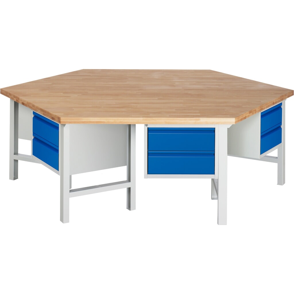 Skupinový dílenský stůl RAU řada 4000, 6 kontejnerů, VxŠxH 840 x 2700 x 2340 mm, x zásuvka s výsuvem 90 % s úchytkovou hranou Obrázek produktu: Skupinový dílenský stůl RAU řada 4000, 6 kontejnerů, VxŠxH 840 x 2700 x 2340 mm, x zásuvka s výsuvem 90 % s úchytkovou hranou
