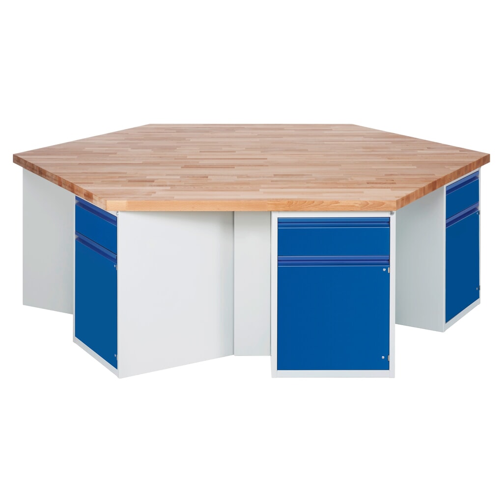 Skupinový dílenský stůl RAU řada 4000, 6 kontejnerů, VxŠxH 840 x 2700 x 2340 mm, x zásuvka s výsuvem 90 % s úchytkovou hranou, 1 police Číslo obrázku produktu 1: Skupinový dílenský stůl RAU řada 4000, 6 kontejnerů, VxŠxH 840 x 2700 x 2340 mm, x zásuvka s výsuvem 90 % s úchytkovou hranou, 1 police
