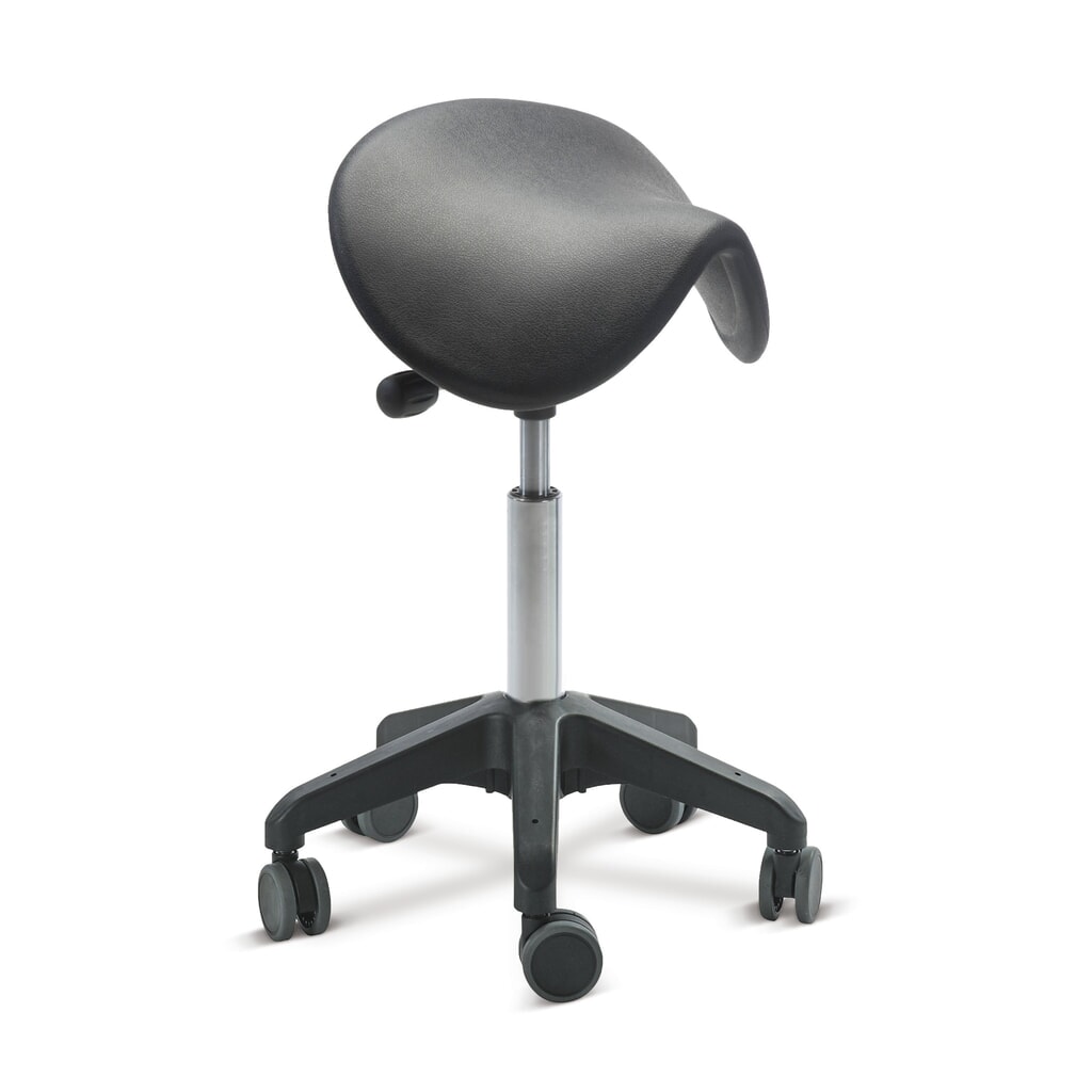Stolička Global Stole A/S Ergonomic, sedlový sedák PU, výška sedáku 480-550 mm, kolečka, černá Obrázek produktu: Stolička Global Stole A/S Ergonomic, sedlový sedák PU, výška sedáku 480-550 mm, kolečka, černá