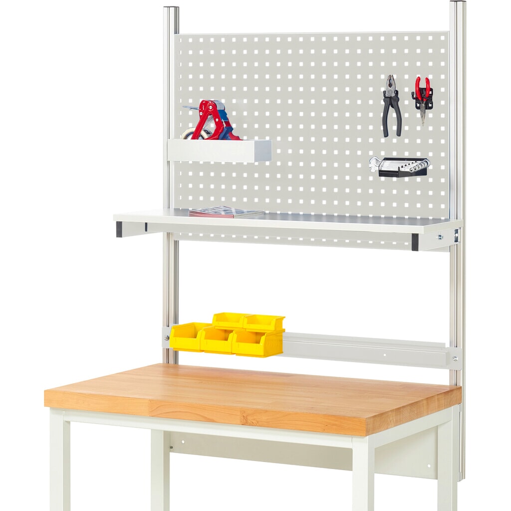 Obrázek produktu: Nástavba pracovního stolu RAU, VxŠxH 1130 x 1000 x 350 mm, 1 etážová police, deska s povrchovou úpravou z melaminové pryskyřice a 1 přídržná lišta, kompletní sada 01 pro šířku výrobku 1000 mm