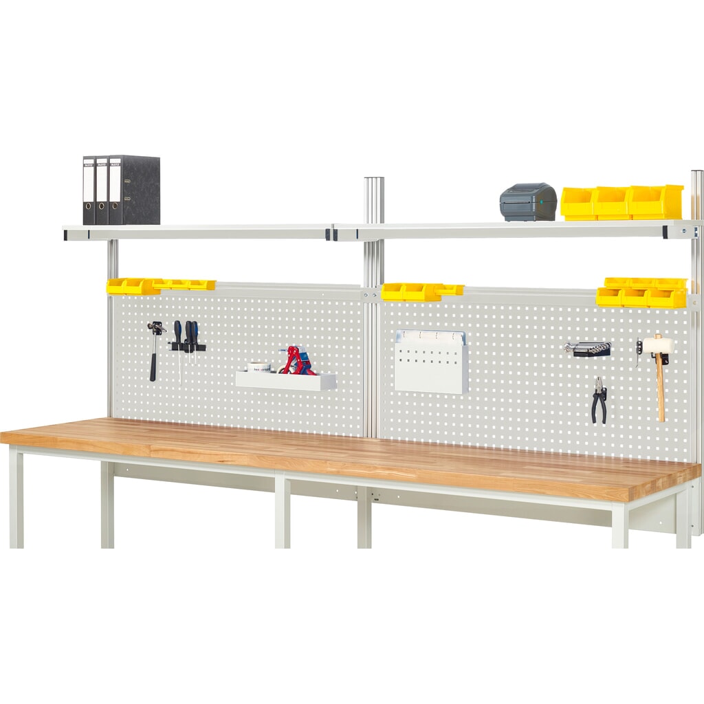 Nástavba pracovního stolu RAU, VxŠxH 1130 x 3000 x 350 mm, 2 etážové police, deska s povrchovou úpravou z melaminové pryskyřice a 2 přídržné lišty, kompletní sada 01 pro šířku výrobku 3000 mm Obrázek produktu: Nástavba pracovního stolu RAU, VxŠxH 1130 x 3000 x 350 mm, 2 etážové police, deska s povrchovou úpravou z melaminové pryskyřice a 2 přídržné lišty, kompletní sada 01 pro šířku výrobku 3000 mm