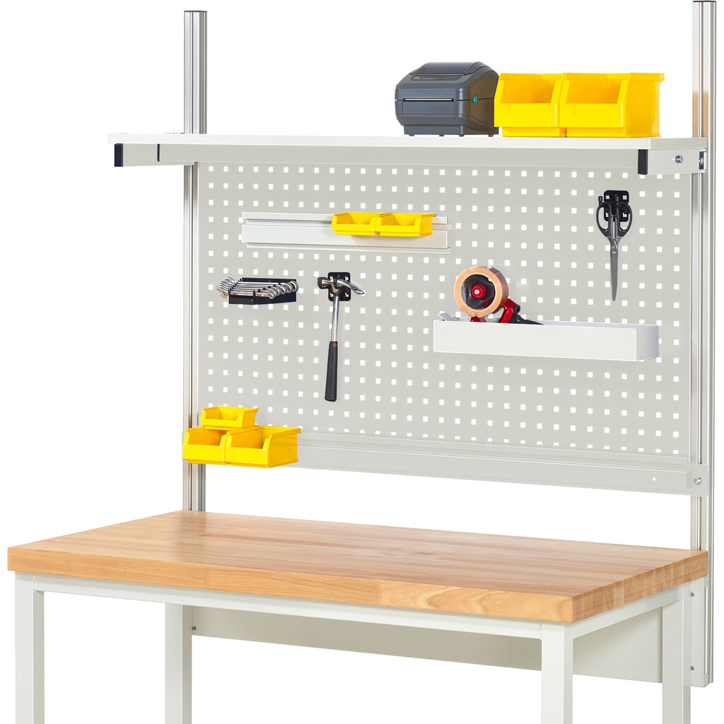 Obrázek produktu: Nástavba pracovního stolu RAU, VxŠxH 1130 x 1250 x 350 mm, 1 etážová police, deska s povrchovou úpravou z melaminové pryskyřice a 1 přídržná lišta, kompletní sada 01 pro šířku výrobku 1250 mm