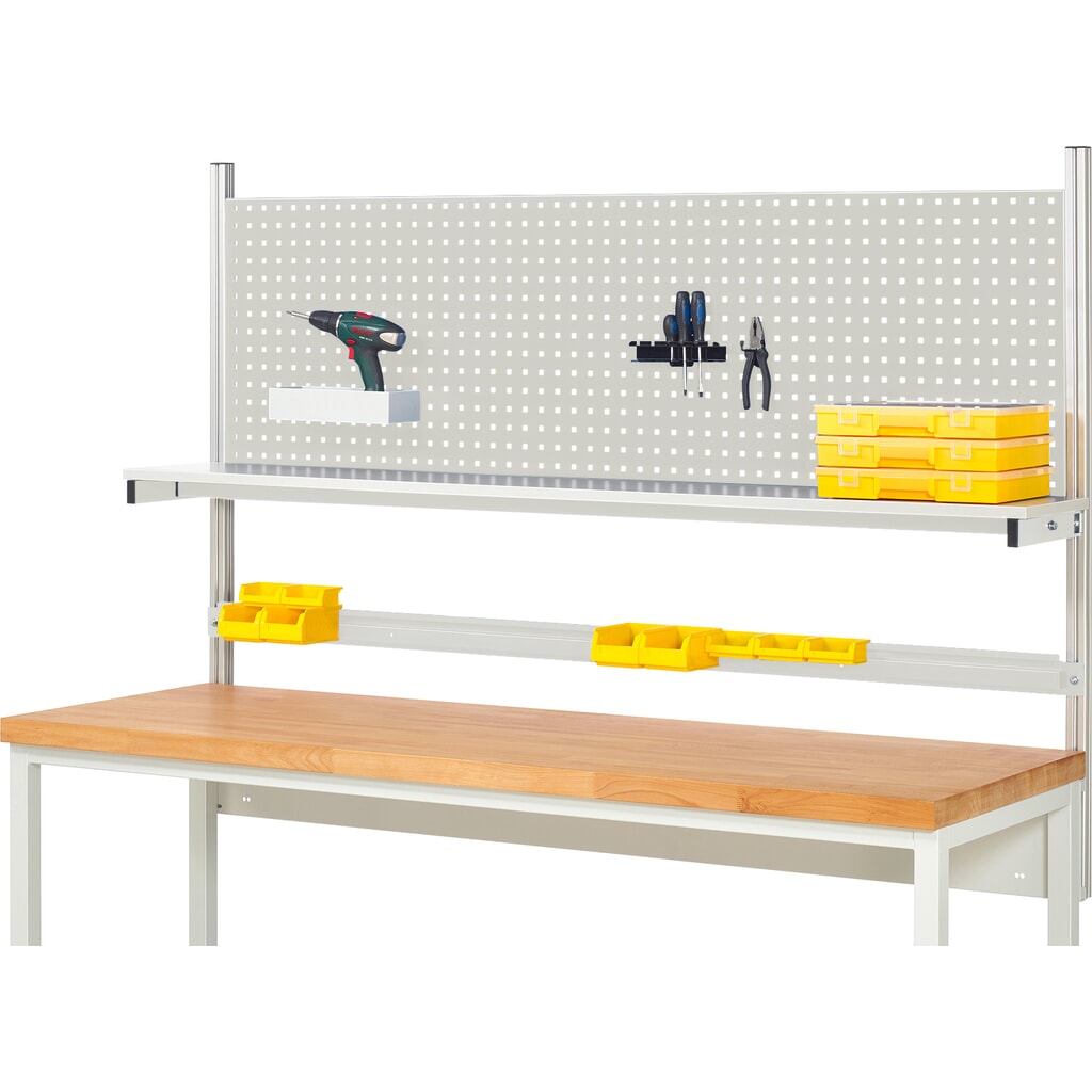 Obrázek produktu: Nástavba pracovního stolu RAU, VxŠxH 1130 x 2000 x 350 mm, 1 etážová police, deska s povrchovou úpravou z melaminové pryskyřice a 1 přídržná lišta, kompletní sada 01 pro šířku výrobku 2000 mm