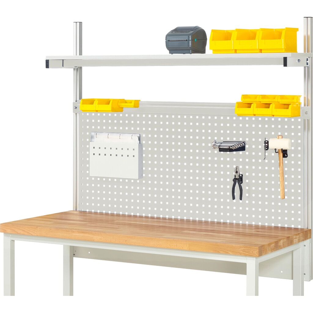 Nástavba pracovního stolu RAU, VxŠxH 1130 x 1500 x 350 mm, 1 etážová police, deska s povrchovou úpravou z melaminové pryskyřice a 1 přídržná lišta, kompletní sada 01 pro šířku výrobku 1500 mm Obrázek produktu: Nástavba pracovního stolu RAU, VxŠxH 1130 x 1500 x 350 mm, 1 etážová police, deska s povrchovou úpravou z melaminové pryskyřice a 1 přídržná lišta, kompletní sada 01 pro šířku výrobku 1500 mm
