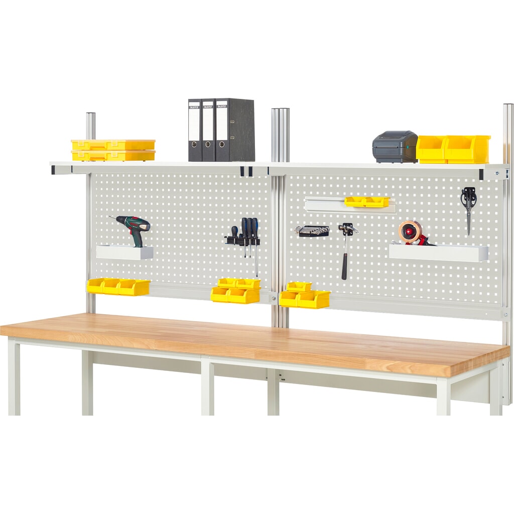 Nástavba pracovního stolu RAU, VxŠxH 1130 x 2500 x 350 mm, 2 etážové police, deska s povrchovou úpravou z melaminové pryskyřice a 2 přídržné lišty, kompletní sada 01 pro šířku výrobku 2500 mm Obrázek produktu: Nástavba pracovního stolu RAU, VxŠxH 1130 x 2500 x 350 mm, 2 etážové police, deska s povrchovou úpravou z melaminové pryskyřice a 2 přídržné lišty, kompletní sada 01 pro šířku výrobku 2500 mm
