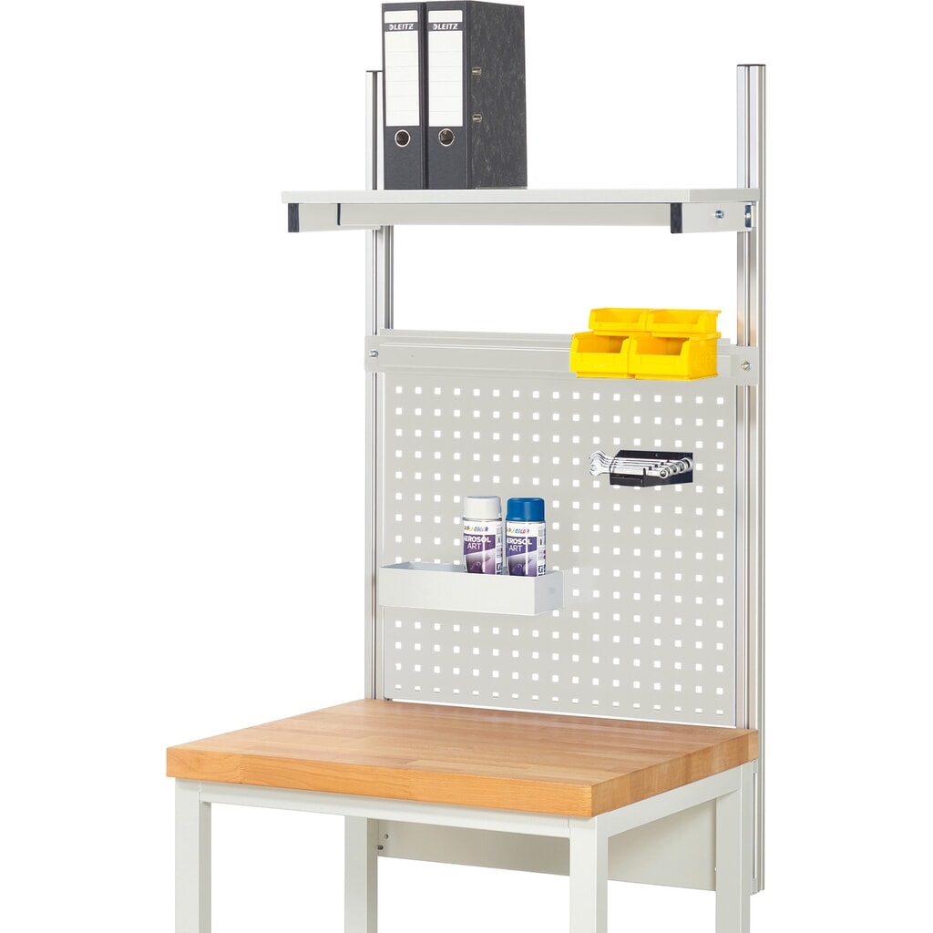 Nástavba pracovního stolu RAU, VxŠxH 1130 x 750 x 350 mm, 1 etážová police, deska s povrchovou úpravou z melaminové pryskyřice a 1 přídržná lišta, kompletní sada 01 pro šířku výrobku 750 mm Obrázek produktu: Nástavba pracovního stolu RAU, VxŠxH 1130 x 750 x 350 mm, 1 etážová police, deska s povrchovou úpravou z melaminové pryskyřice a 1 přídržná lišta, kompletní sada 01 pro šířku výrobku 750 mm