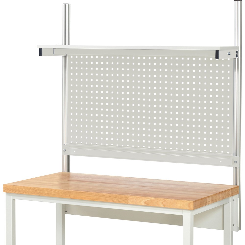 Číslo obrázku produktu 2: Nástavba pracovního stolu RAU, VxŠxH 1130 x 1250 x 350 mm, 1 etážová police, deska s povrchovou úpravou z melaminové pryskyřice a 1 přídržná lišta, kompletní sada 01 pro šířku výrobku 1250 mm