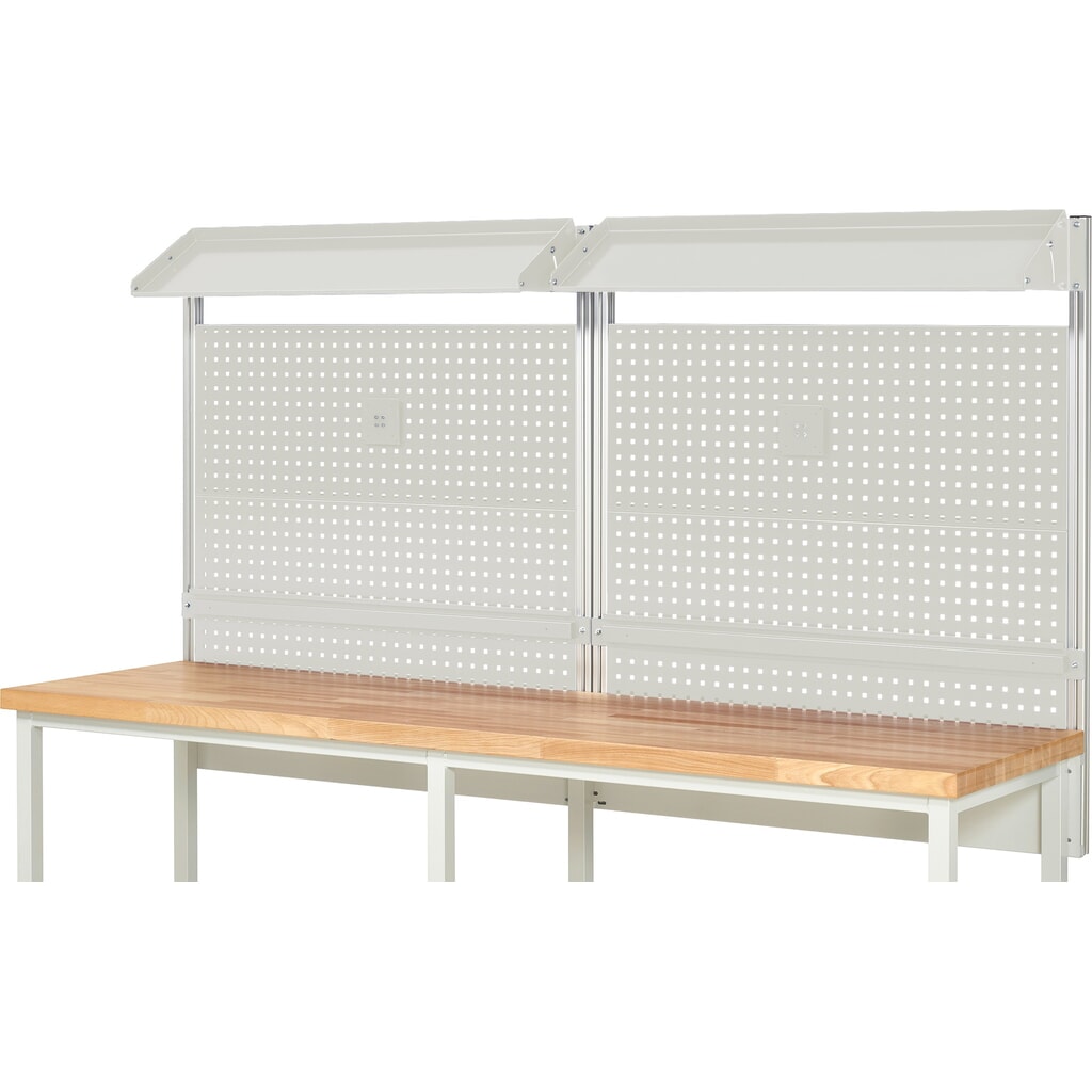 Číslo obrázku produktu 2: Nástavba pracovního stolu RAU, VxŠxH 1130 x 2500 x 350 mm, 2 sklopné kovové odkládací plochy, 2 přídržné lišty a 2 držáky pro plochý monitor, kompletní sada 02 pro šířku výrobku 2500 mm