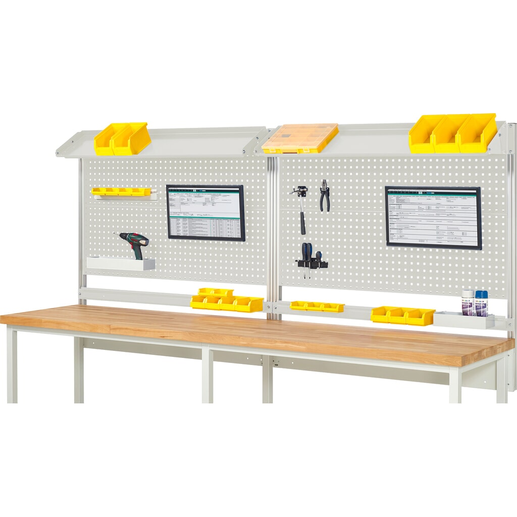 Nástavba pracovního stolu RAU, VxŠxH 1130 x 3000 x 350 mm, 2 sklopné kovové odkládací plochy, 2 přídržné lišty a 2 držáky pro plochý monitor, kompletní sada 02 pro šířku výrobku 3000 mm Obrázek produktu: Nástavba pracovního stolu RAU, VxŠxH 1130 x 3000 x 350 mm, 2 sklopné kovové odkládací plochy, 2 přídržné lišty a 2 držáky pro plochý monitor, kompletní sada 02 pro šířku výrobku 3000 mm