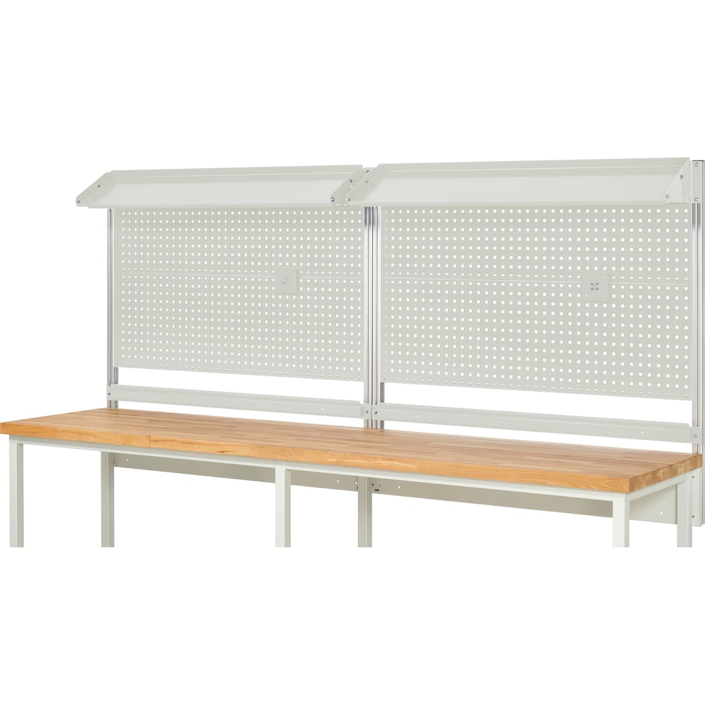 Nástavba pracovního stolu RAU, VxŠxH 1130 x 3000 x 350 mm, 2 sklopné kovové odkládací plochy, 2 přídržné lišty a 2 držáky pro plochý monitor, kompletní sada 02 pro šířku výrobku 3000 mm Číslo obrázku produktu 2: Nástavba pracovního stolu RAU, VxŠxH 1130 x 3000 x 350 mm, 2 sklopné kovové odkládací plochy, 2 přídržné lišty a 2 držáky pro plochý monitor, kompletní sada 02 pro šířku výrobku 3000 mm