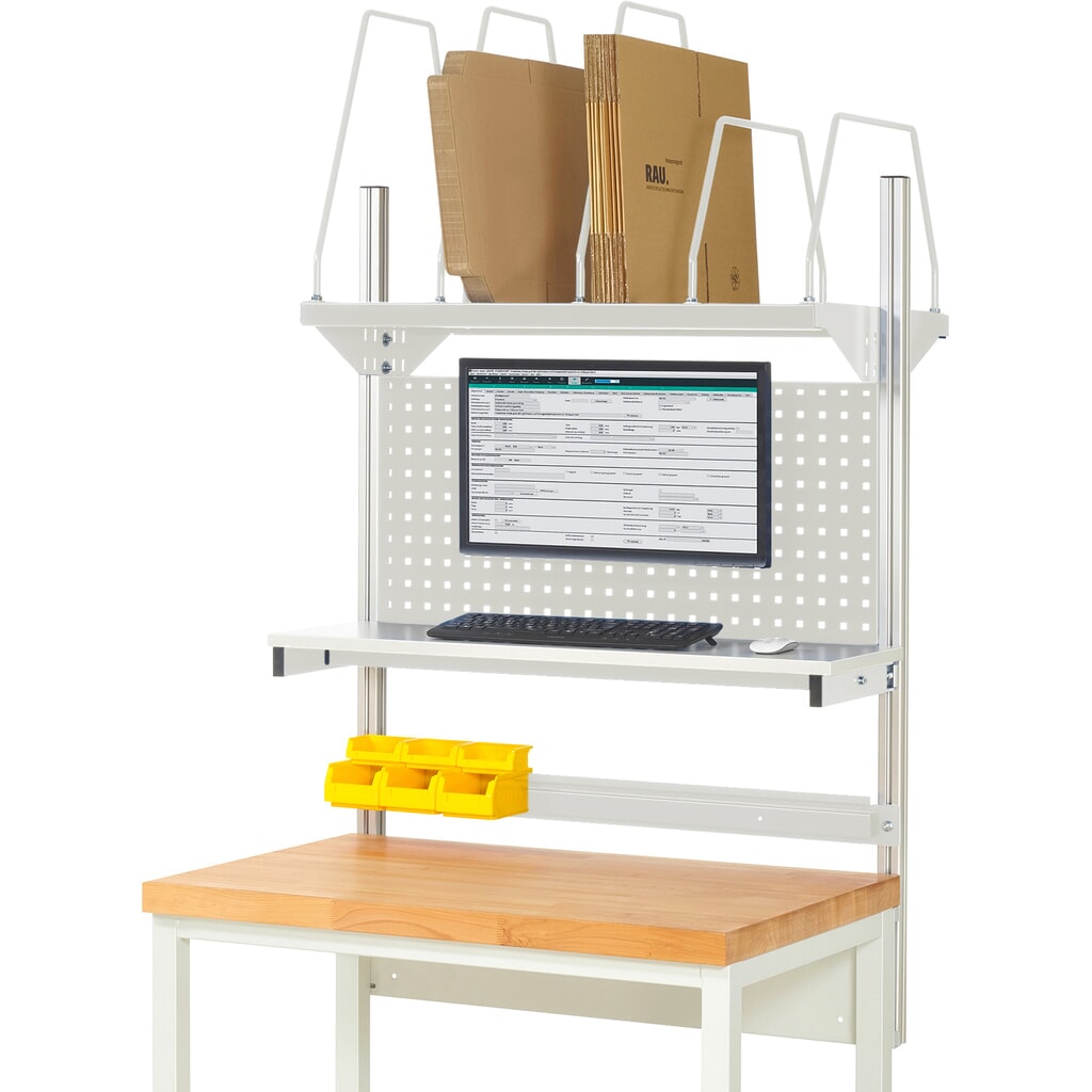 Nástavba pracovního stolu RAU, VxŠxH 1130 x 1000 x 350 mm, 1 etážová police, 1 přídržná lišta a 1 držák pro plochý monitor, kompletní sada 03 pro šířku výrobku 1000 mm Obrázek produktu: Nástavba pracovního stolu RAU, VxŠxH 1130 x 1000 x 350 mm, 1 etážová police, 1 přídržná lišta a 1 držák pro plochý monitor, kompletní sada 03 pro šířku výrobku 1000 mm