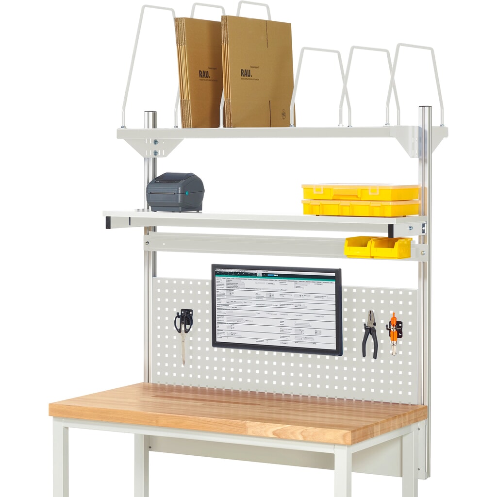 Nástavba pracovního stolu RAU, VxŠxH 1130 x 1250 x 350 mm, 1 etážová police, 1 přídržná lišta a 1 držák pro plochý monitor, kompletní sada 03 pro šířku výrobku 1250 mm Obrázek produktu: Nástavba pracovního stolu RAU, VxŠxH 1130 x 1250 x 350 mm, 1 etážová police, 1 přídržná lišta a 1 držák pro plochý monitor, kompletní sada 03 pro šířku výrobku 1250 mm