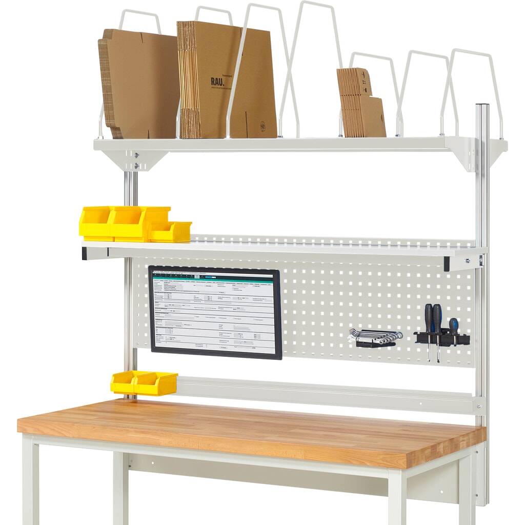 Obrázek produktu: Nástavba pracovního stolu RAU, VxŠxH 1130 x 1500 x 350 mm, 1 etážová police, 1 přídržná lišta a 1 držák pro plochý monitor, kompletní sada 03 pro šířku výrobku 2000 mm