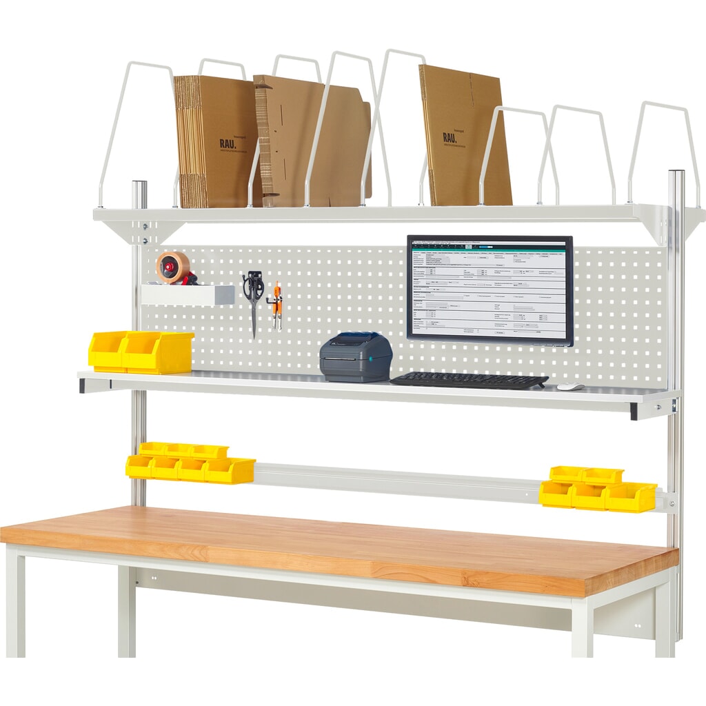 Obrázek produktu: Nástavba pracovního stolu RAU, VxŠxH 1130 x 2000 x 350 mm, 1 etážová police, 1 přídržná lišta a 1 držák pro plochý monitor, kompletní sada 03 pro šířku výrobku 1500 mm