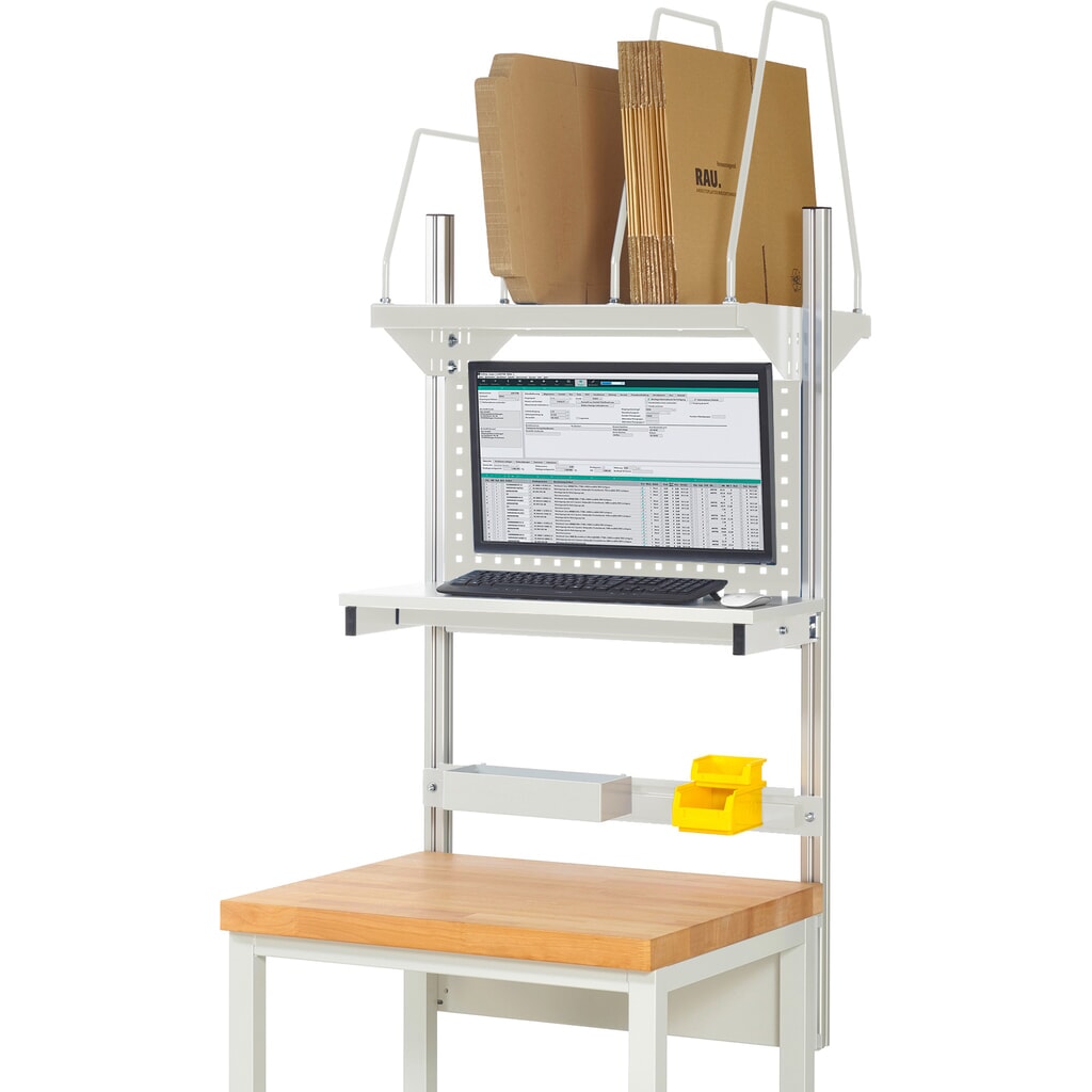 Obrázek produktu: Nástavba pracovního stolu RAU, VxŠxH 1130 x 750 x 350 mm, 1 etážová police, 1 přídržná lišta a 1 držák pro plochý monitor, kompletní sada 03 pro šířku výrobku 750 mm