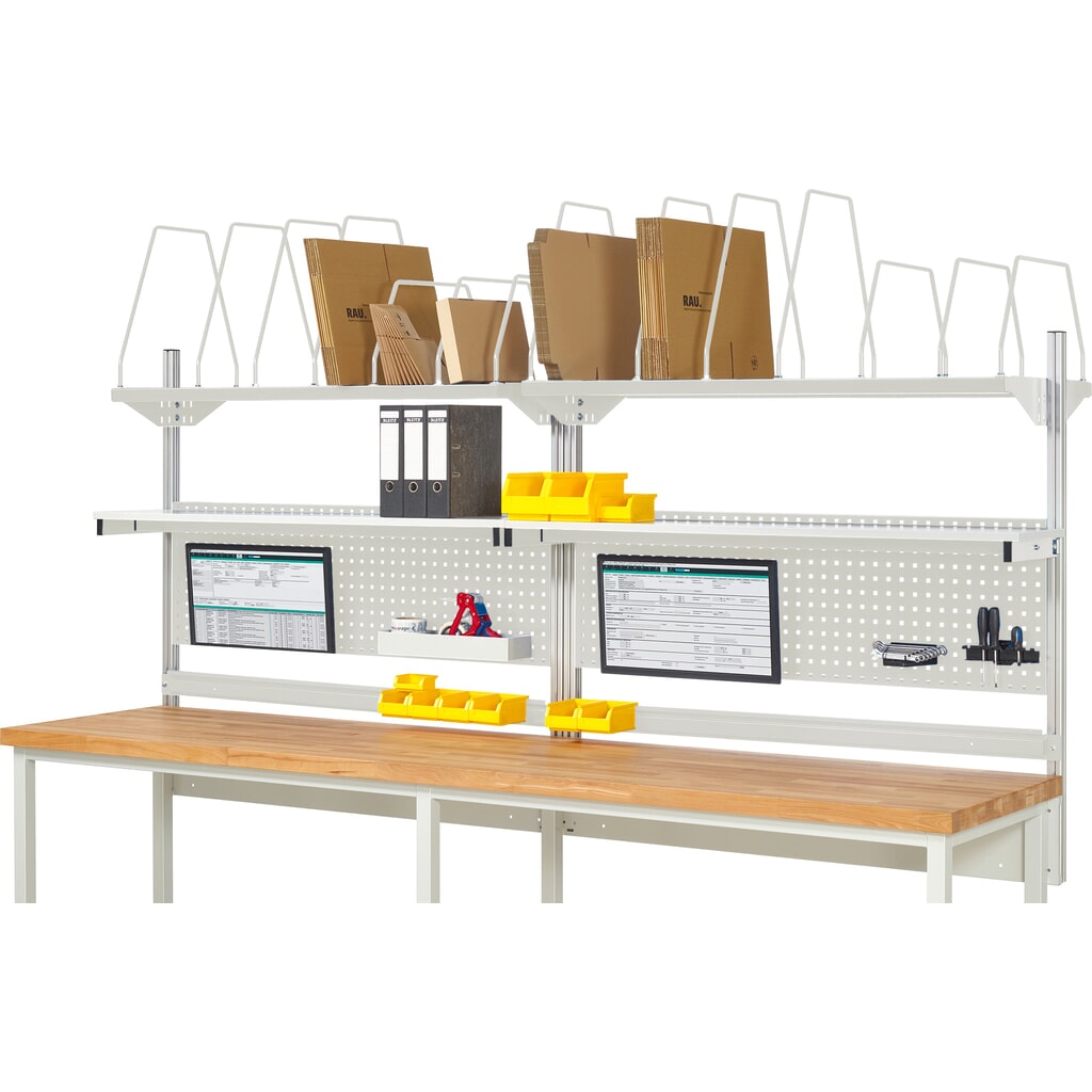 Obrázek produktu: Nástavba pracovního stolu RAU, VxŠxH 1130 x 3000 x 350 mm, 2 etážové police, 2 přídržné lišty a 2 držáky pro plochý monitor, kompletní sada 03 pro šířku výrobku 3000 mm