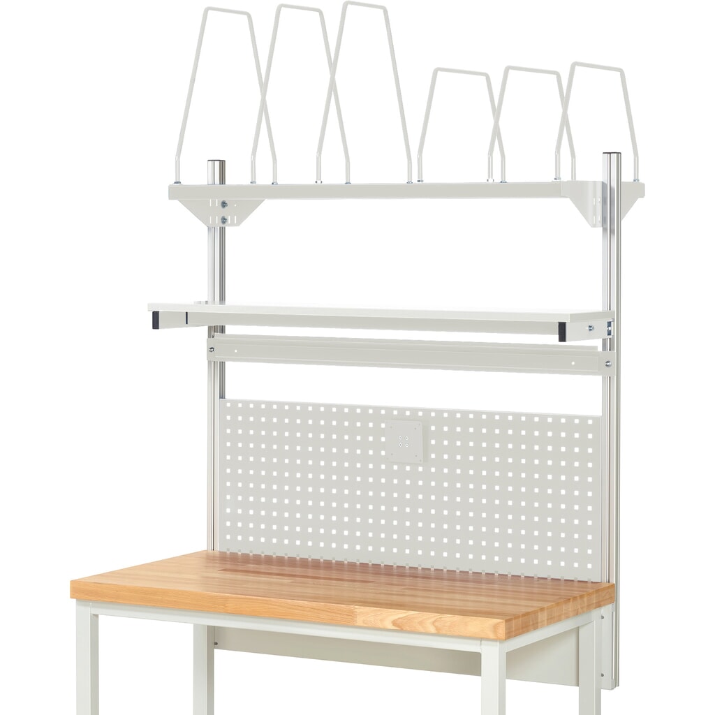 Nástavba pracovního stolu RAU, VxŠxH 1130 x 1250 x 350 mm, 1 etážová police, 1 přídržná lišta a 1 držák pro plochý monitor, kompletní sada 03 pro šířku výrobku 1250 mm Číslo obrázku produktu 2: Nástavba pracovního stolu RAU, VxŠxH 1130 x 1250 x 350 mm, 1 etážová police, 1 přídržná lišta a 1 držák pro plochý monitor, kompletní sada 03 pro šířku výrobku 1250 mm