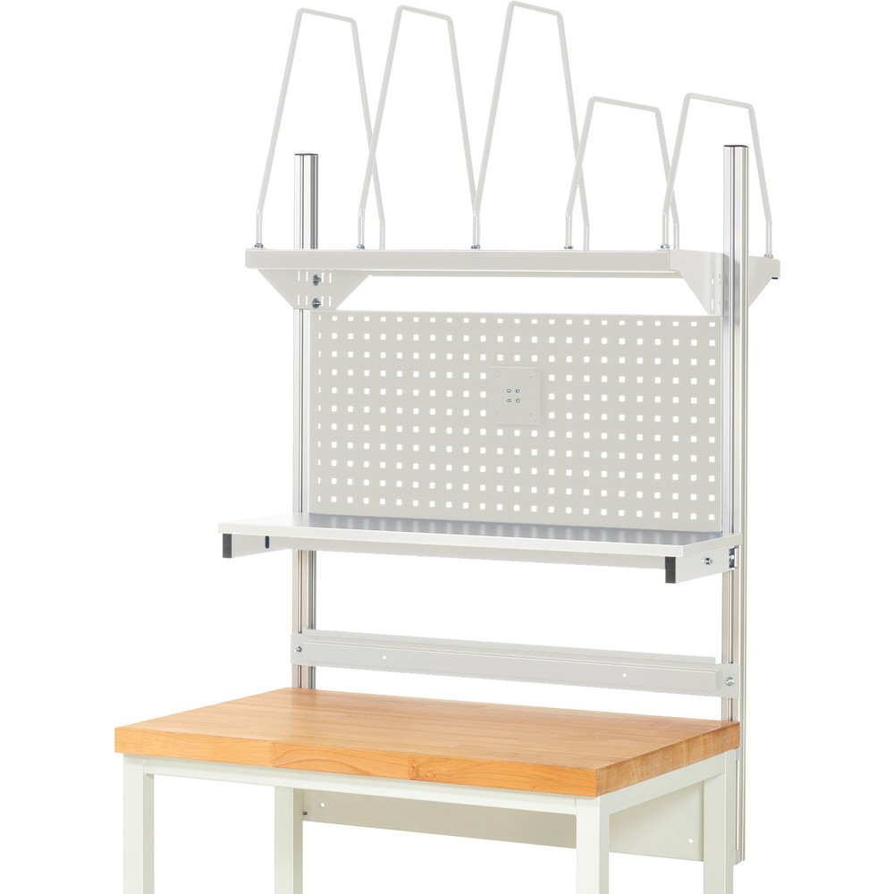 Číslo obrázku produktu 2: Nástavba pracovního stolu RAU, VxŠxH 1130 x 1000 x 350 mm, 1 etážová police, 1 přídržná lišta a 1 držák pro plochý monitor, kompletní sada 03 pro šířku výrobku 1000 mm