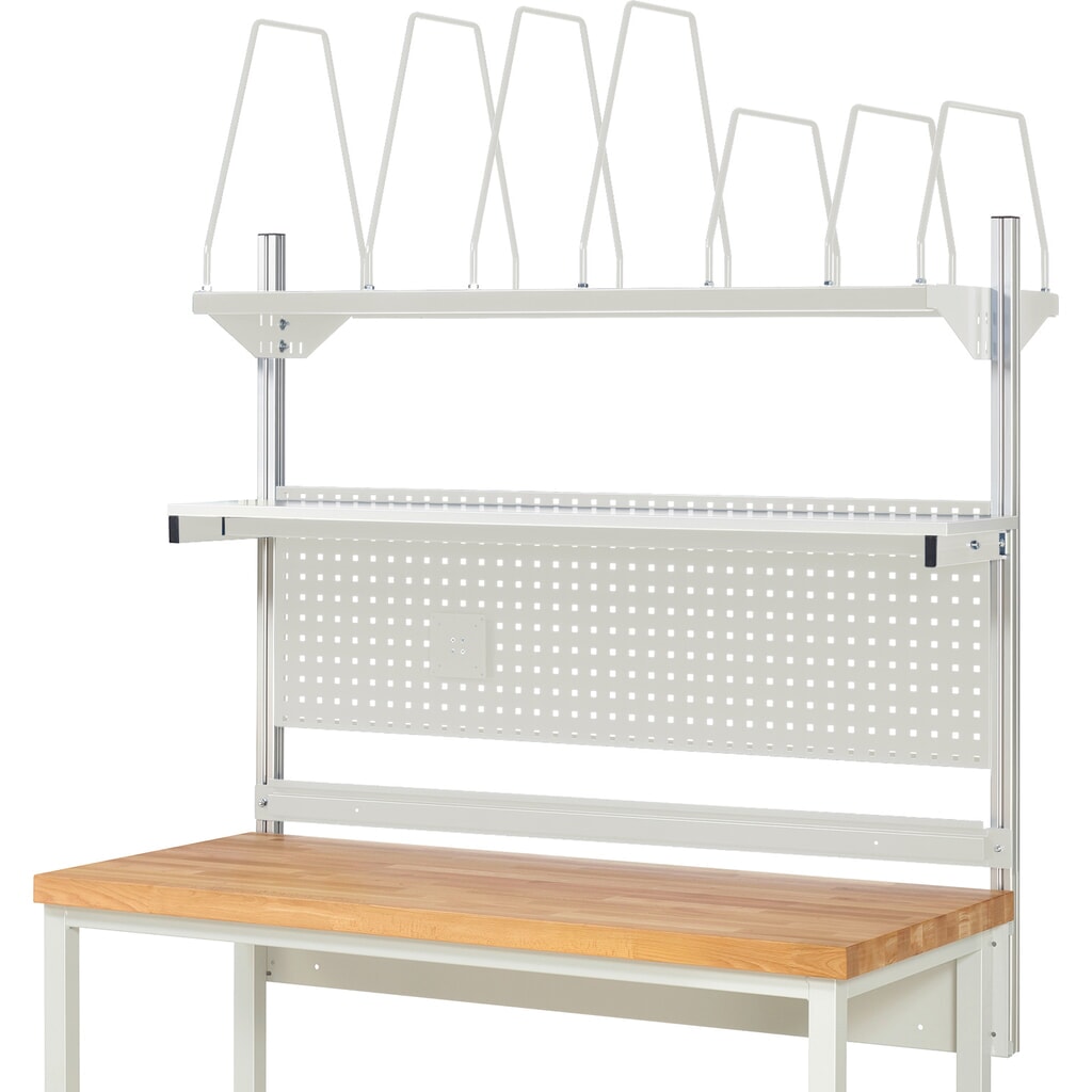 Nástavba pracovního stolu RAU, VxŠxH 1130 x 1500 x 350 mm, 1 etážová police, 1 přídržná lišta a 1 držák pro plochý monitor, kompletní sada 03 pro šířku výrobku 2000 mm Číslo obrázku produktu 2: Nástavba pracovního stolu RAU, VxŠxH 1130 x 1500 x 350 mm, 1 etážová police, 1 přídržná lišta a 1 držák pro plochý monitor, kompletní sada 03 pro šířku výrobku 2000 mm