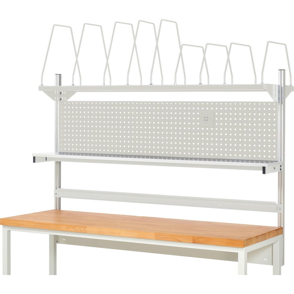 Nástavba pracovního stolu RAU, VxŠxH 1130 x 2000 x 350 mm, 1 etážová police, 1 přídržná lišta a 1 držák pro plochý monitor, kompletní sada 03 pro šířku výrobku 1500 mm Číslo obrázku produktu 2: Nástavba pracovního stolu RAU, VxŠxH 1130 x 2000 x 350 mm, 1 etážová police, 1 přídržná lišta a 1 držák pro plochý monitor, kompletní sada 03 pro šířku výrobku 1500 mm
