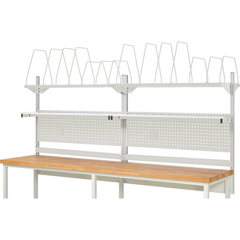 Nástavba pracovního stolu RAU, VxŠxH 1130 x 3000 x 350 mm, 2 etážové police, 2 přídržné lišty a 2 držáky pro plochý monitor, kompletní sada 03 pro šířku výrobku 3000 mm Číslo obrázku produktu 2: Nástavba pracovního stolu RAU, VxŠxH 1130 x 3000 x 350 mm, 2 etážové police, 2 přídržné lišty a 2 držáky pro plochý monitor, kompletní sada 03 pro šířku výrobku 3000 mm
