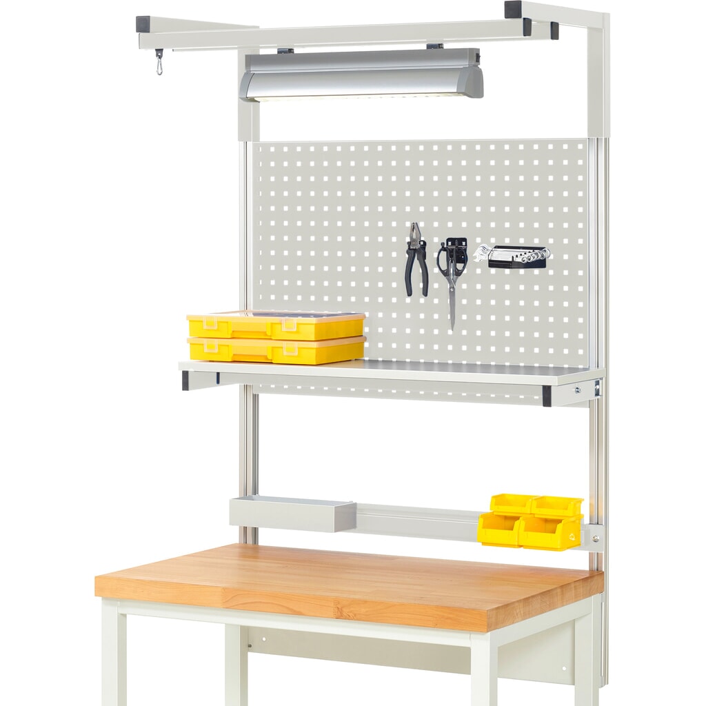 Obrázek produktu: Nástavba pracovního stolu RAU, VxŠxH 1380 x 1000 x 350 mm, 1 etážová police, 1 přídržná lišta, 1 pár výložníků a 1 svítidlo, kompletní sada 04 pro šířku výrobku 1000 mm