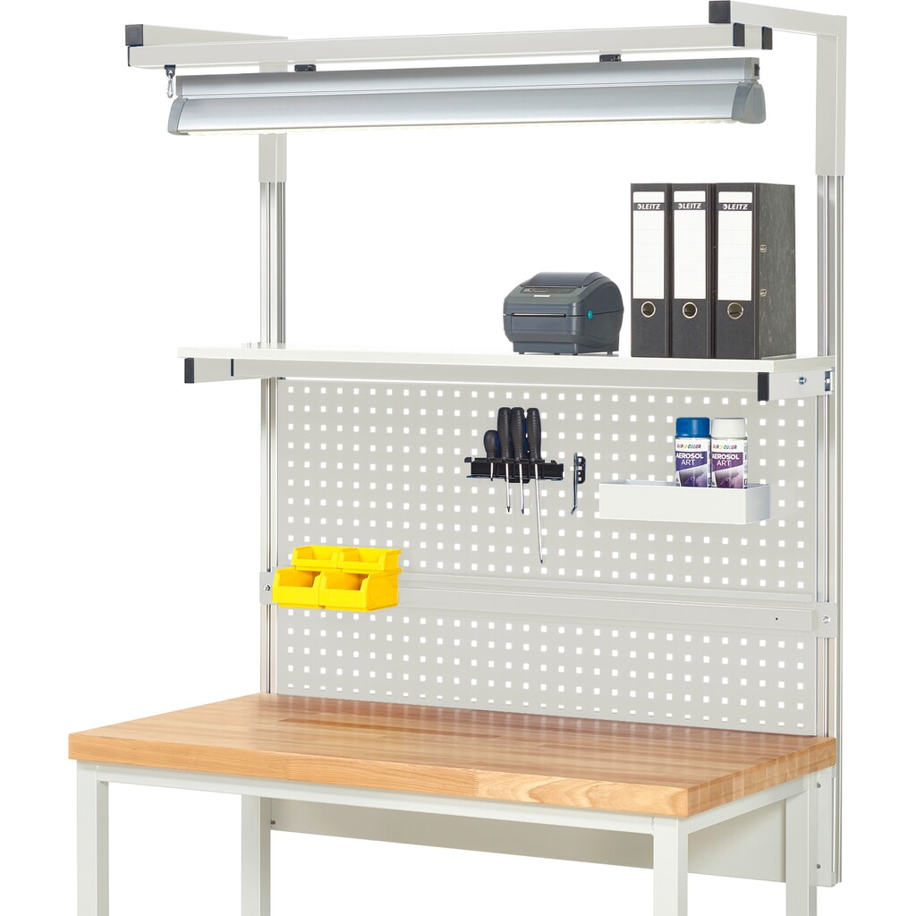Obrázek produktu: Nástavba pracovního stolu RAU, VxŠxH 1380 x 1250 x 350 mm, 1 etážová police, 1 přídržná lišta, 1 pár výložníků a 1 svítidlo, kompletní sada 04 pro šířku výrobku 1250 mm