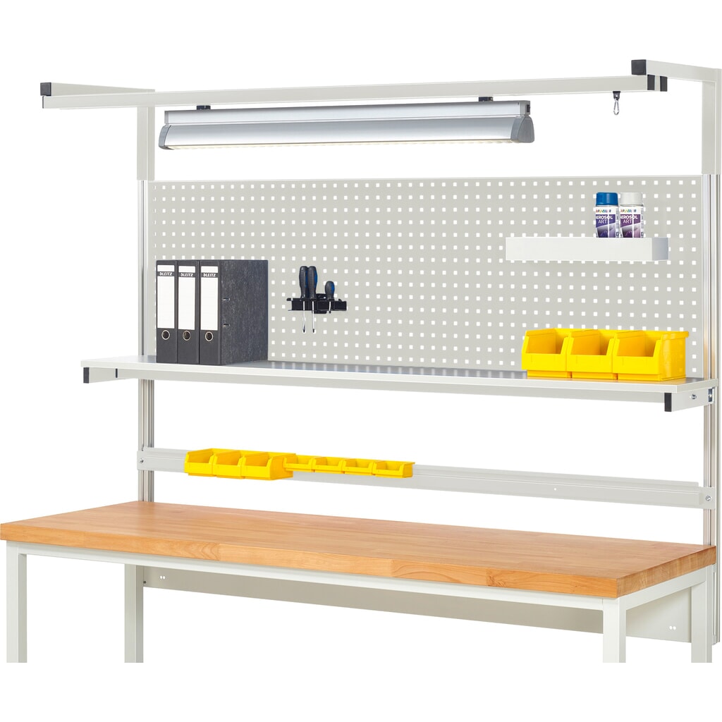 Obrázek produktu: Nástavba pracovního stolu RAU, VxŠxH 1380 x 2000 x 350 mm, 1 etážová police, 1 přídržná lišta, 1 pár výložníků a 1 svítidlo, kompletní sada 04 pro šířku výrobku 2000 mm
