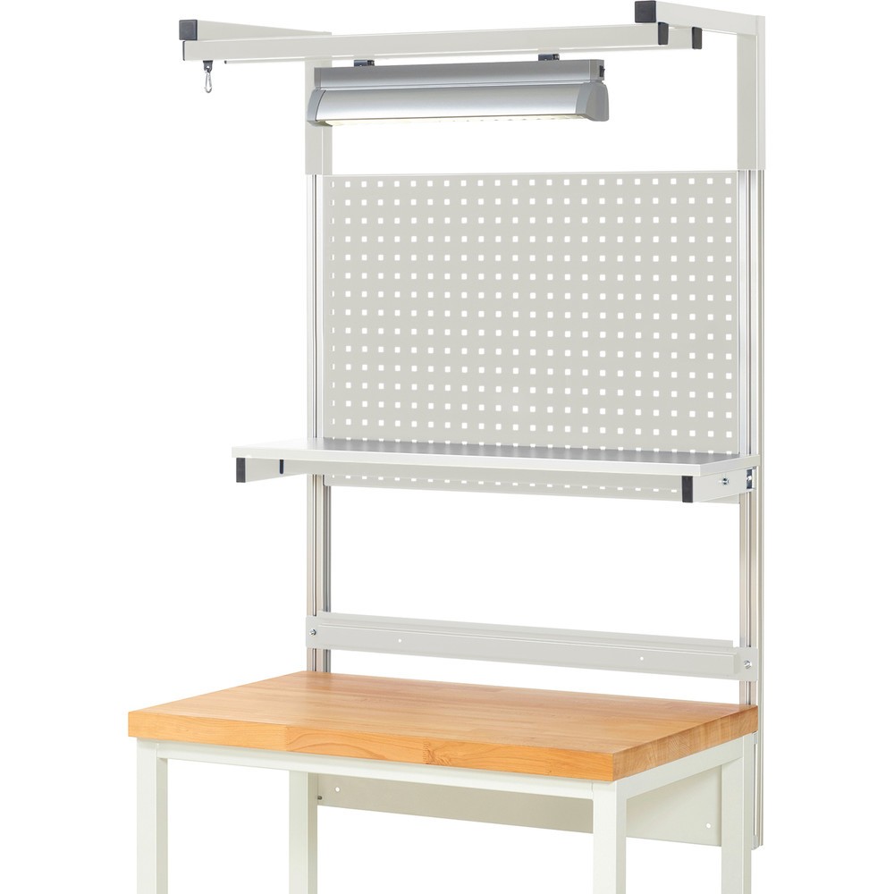 Číslo obrázku produktu 2: Nástavba pracovního stolu RAU, VxŠxH 1380 x 1000 x 350 mm, 1 etážová police, 1 přídržná lišta, 1 pár výložníků a 1 svítidlo, kompletní sada 04 pro šířku výrobku 1000 mm