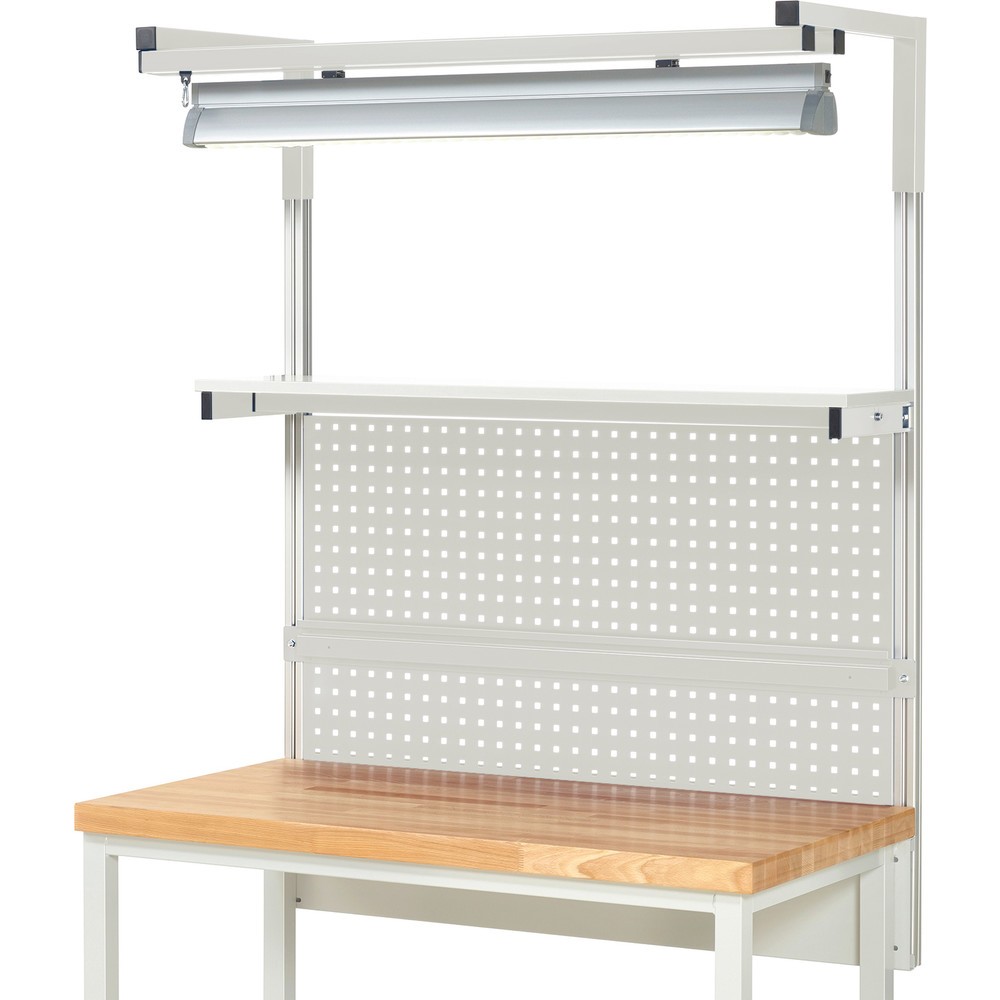Číslo obrázku produktu 2: Nástavba pracovního stolu RAU, VxŠxH 1380 x 1250 x 350 mm, 1 etážová police, 1 přídržná lišta, 1 pár výložníků a 1 svítidlo, kompletní sada 04 pro šířku výrobku 1250 mm