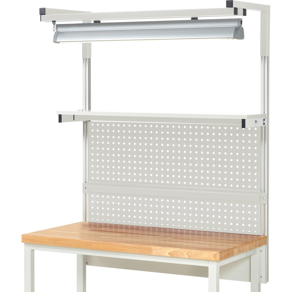 Číslo obrázku produktu 2: Nástavba pracovního stolu RAU, VxŠxH 1380 x 1250 x 350 mm, 1 etážová police, 1 přídržná lišta, 1 pár výložníků a 1 svítidlo, kompletní sada 04 pro šířku výrobku 1250 mm