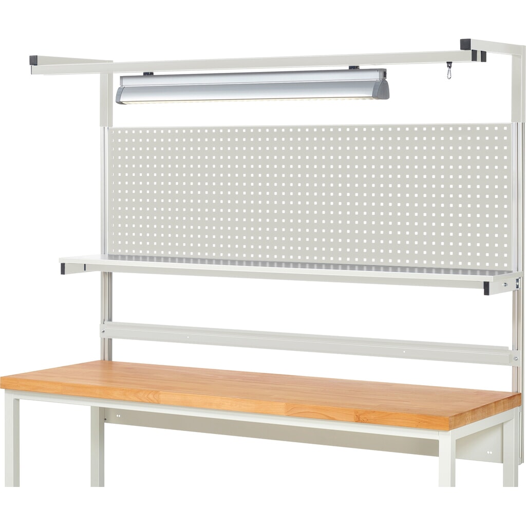 Nástavba pracovního stolu RAU, VxŠxH 1380 x 2000 x 350 mm, 1 etážová police, 1 přídržná lišta, 1 pár výložníků a 1 svítidlo, kompletní sada 04 pro šířku výrobku 2000 mm Číslo obrázku produktu 2: Nástavba pracovního stolu RAU, VxŠxH 1380 x 2000 x 350 mm, 1 etážová police, 1 přídržná lišta, 1 pár výložníků a 1 svítidlo, kompletní sada 04 pro šířku výrobku 2000 mm