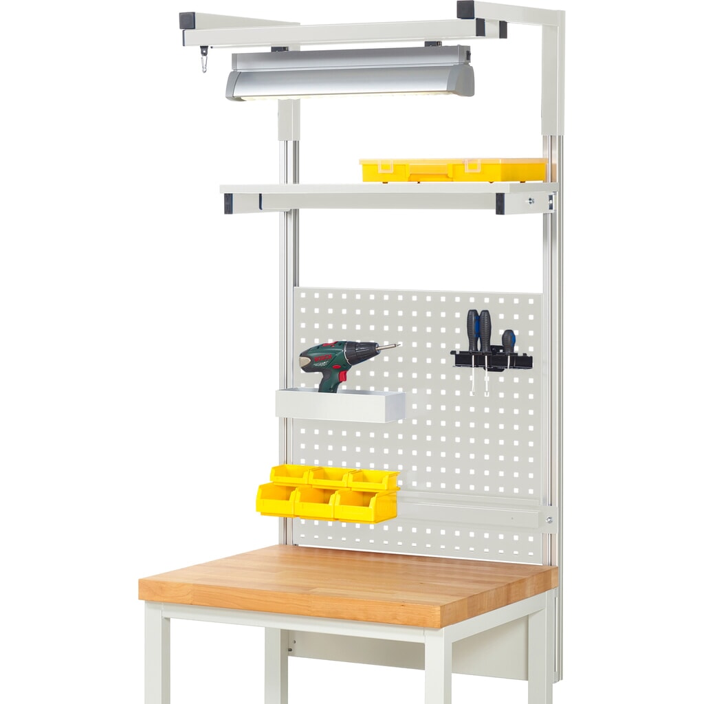 Nástavba pracovního stolu RAU, VxŠxH 1380 x 750 x 350 mm, 1 etážová police, 1 přídržná lišta, 1 pár výložníků a 1 svítidlo, kompletní sada 04 pro šířku výrobku 750 mm Obrázek produktu: Nástavba pracovního stolu RAU, VxŠxH 1380 x 750 x 350 mm, 1 etážová police, 1 přídržná lišta, 1 pár výložníků a 1 svítidlo, kompletní sada 04 pro šířku výrobku 750 mm