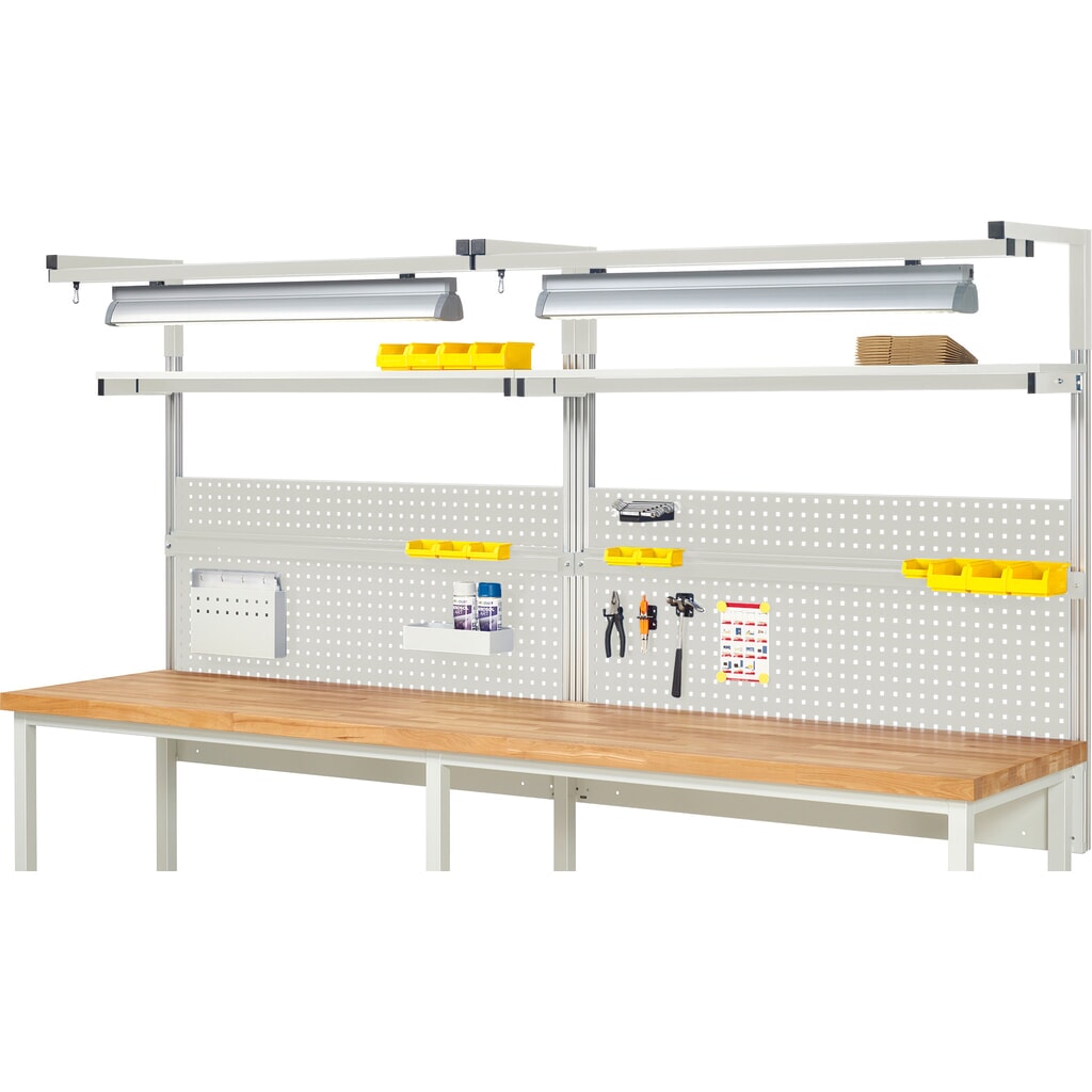 Obrázek produktu: Nástavba pracovního stolu RAU, VxŠxH 1380 x 3000 x 350 mm, 2 etážové police, 2 přídržné lišty, 2 páry výložníků a 2 svítidla, kompletní sada 04 pro šířku výrobku 3000 mm