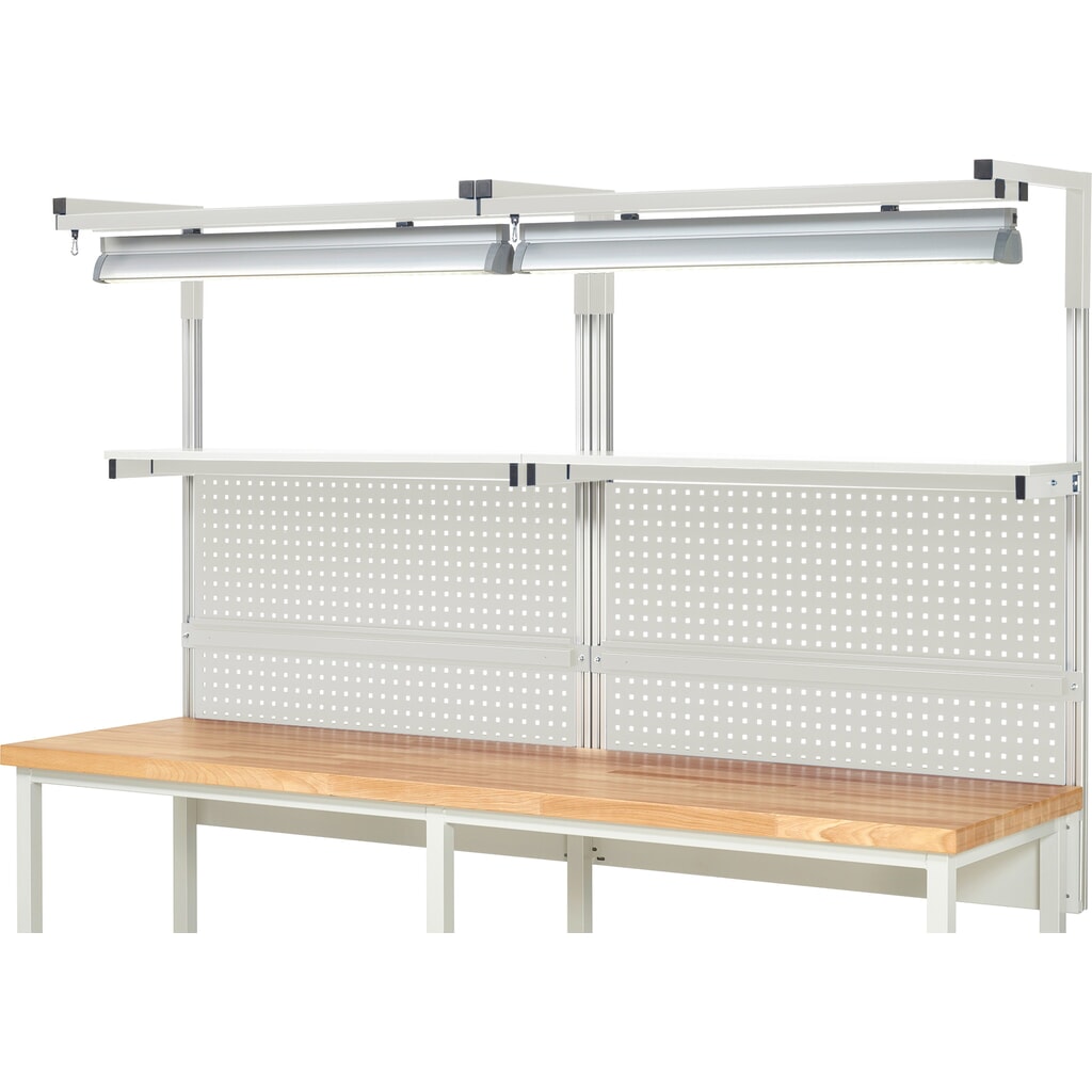 Číslo obrázku produktu 2: Nástavba pracovního stolu RAU, VxŠxH 1380 x 2500 x 350 mm, 2 etážové police, 2 přídržné lišty, 2 páry výložníků a 2 svítidla, kompletní sada 04 pro šířku výrobku 2500 mm