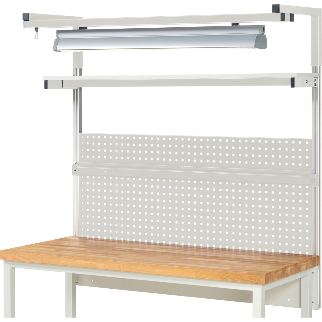 Nástavba pracovního stolu RAU, VxŠxH 1380 x 1500 x 350 mm, 1 etážová police, 1 přídržná lišta, 1 pár výložníků a 1 svítidlo, kompletní sada 04 pro šířku výrobku 1500 mm Číslo obrázku produktu 2: Nástavba pracovního stolu RAU, VxŠxH 1380 x 1500 x 350 mm, 1 etážová police, 1 přídržná lišta, 1 pár výložníků a 1 svítidlo, kompletní sada 04 pro šířku výrobku 1500 mm