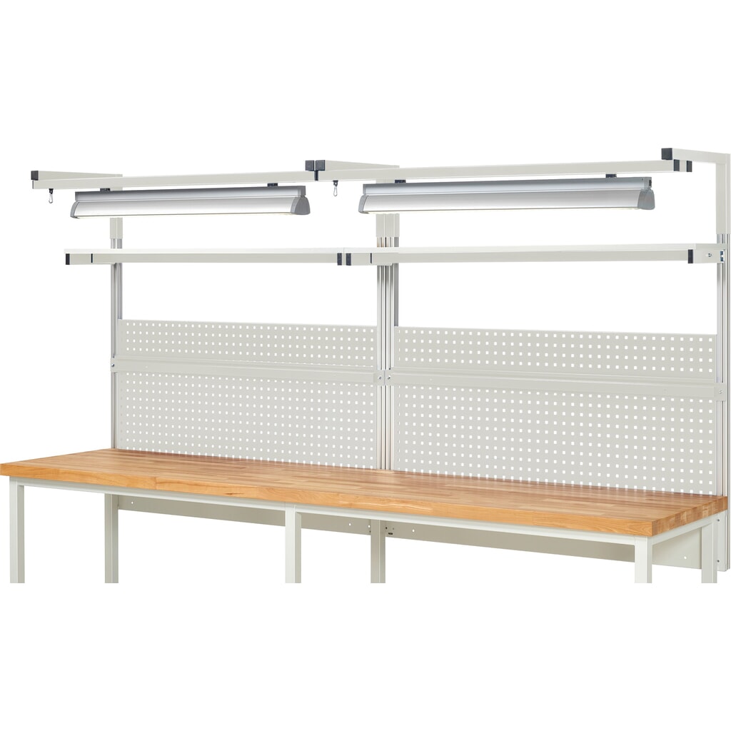 Nástavba pracovního stolu RAU, VxŠxH 1380 x 3000 x 350 mm, 2 etážové police, 2 přídržné lišty, 2 páry výložníků a 2 svítidla, kompletní sada 04 pro šířku výrobku 3000 mm Číslo obrázku produktu 2: Nástavba pracovního stolu RAU, VxŠxH 1380 x 3000 x 350 mm, 2 etážové police, 2 přídržné lišty, 2 páry výložníků a 2 svítidla, kompletní sada 04 pro šířku výrobku 3000 mm