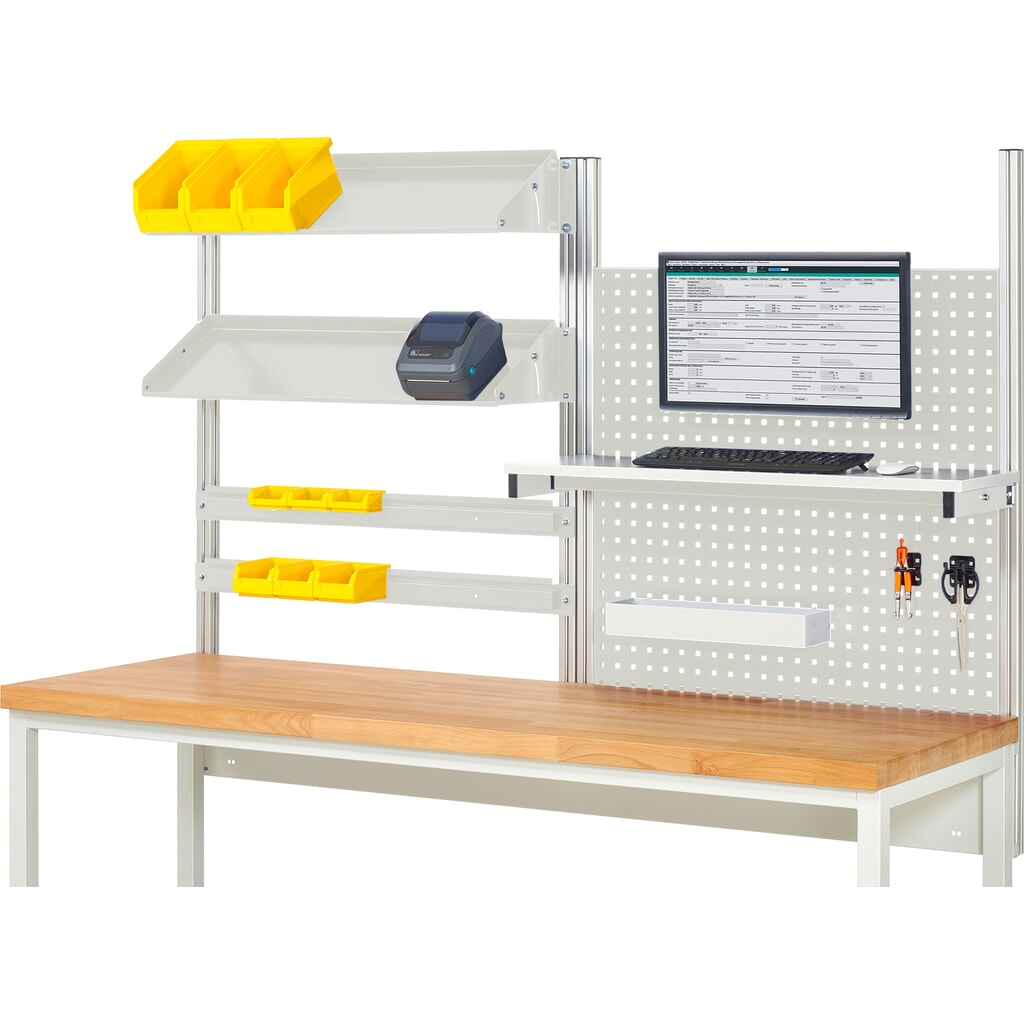Nástavba pracovního stolu RAU, VxŠxH 1130 x 2000 x 350 mm, 1 etážová police, 2 přídržné lišty, 2 naklápěcí odkládací plochy a 1 držák pro plochý monitor, kompletní sada 05 pro šířku výrobku 2000 mm Obrázek produktu: Nástavba pracovního stolu RAU, VxŠxH 1130 x 2000 x 350 mm, 1 etážová police, 2 přídržné lišty, 2 naklápěcí odkládací plochy a 1 držák pro plochý monitor, kompletní sada 05 pro šířku výrobku 2000 mm