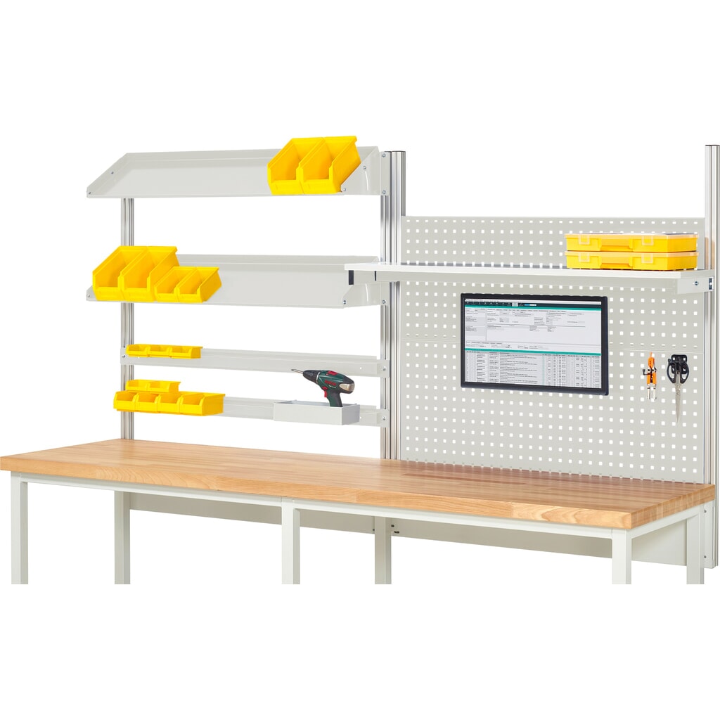 Nástavba pracovního stolu RAU, VxŠxH 1130 x 2500 x 350 mm, 1 etážová police, 2 přídržné lišty, 2 naklápěcí odkládací plochy a 1 držák pro plochý monitor, kompletní sada 05 pro šířku výrobku 2500 mm Obrázek produktu: Nástavba pracovního stolu RAU, VxŠxH 1130 x 2500 x 350 mm, 1 etážová police, 2 přídržné lišty, 2 naklápěcí odkládací plochy a 1 držák pro plochý monitor, kompletní sada 05 pro šířku výrobku 2500 mm
