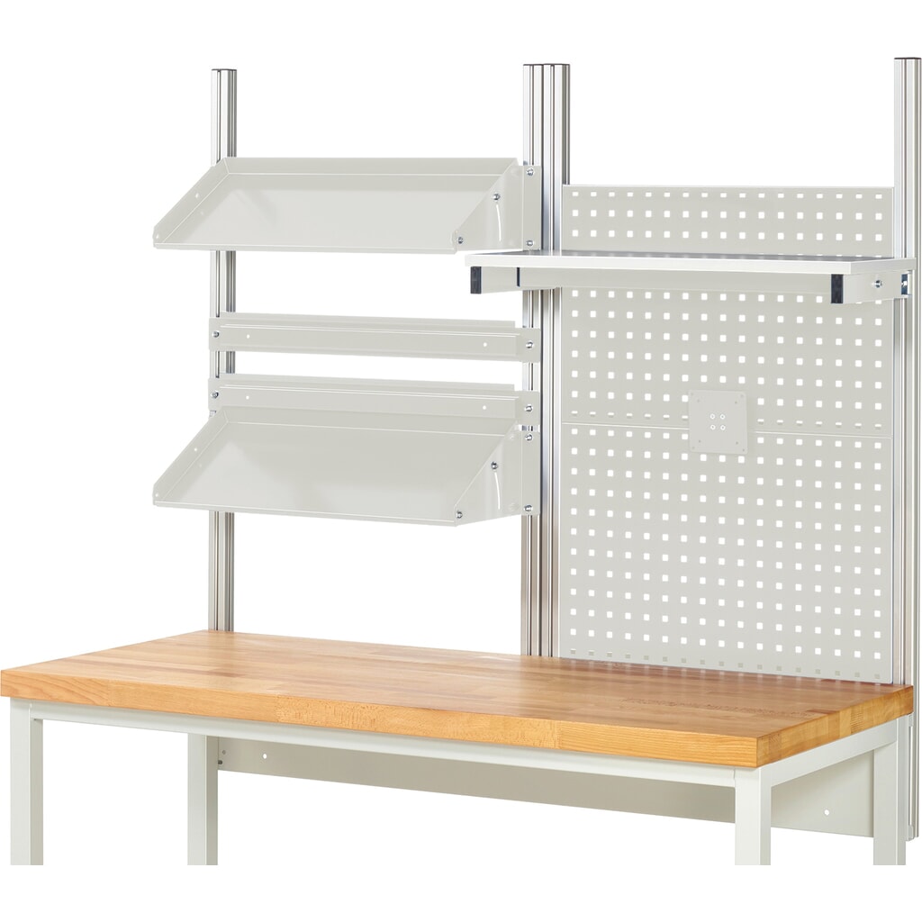 Nástavba pracovního stolu RAU, VxŠxH 1130 x 1500 x 350 mm, 1 etážová police, 2 přídržné lišty, 2 naklápěcí odkládací plochy a 1 držák pro plochý monitor, kompletní sada 05 pro šířku výrobku 1500 mm Číslo obrázku produktu 2: Nástavba pracovního stolu RAU, VxŠxH 1130 x 1500 x 350 mm, 1 etážová police, 2 přídržné lišty, 2 naklápěcí odkládací plochy a 1 držák pro plochý monitor, kompletní sada 05 pro šířku výrobku 1500 mm