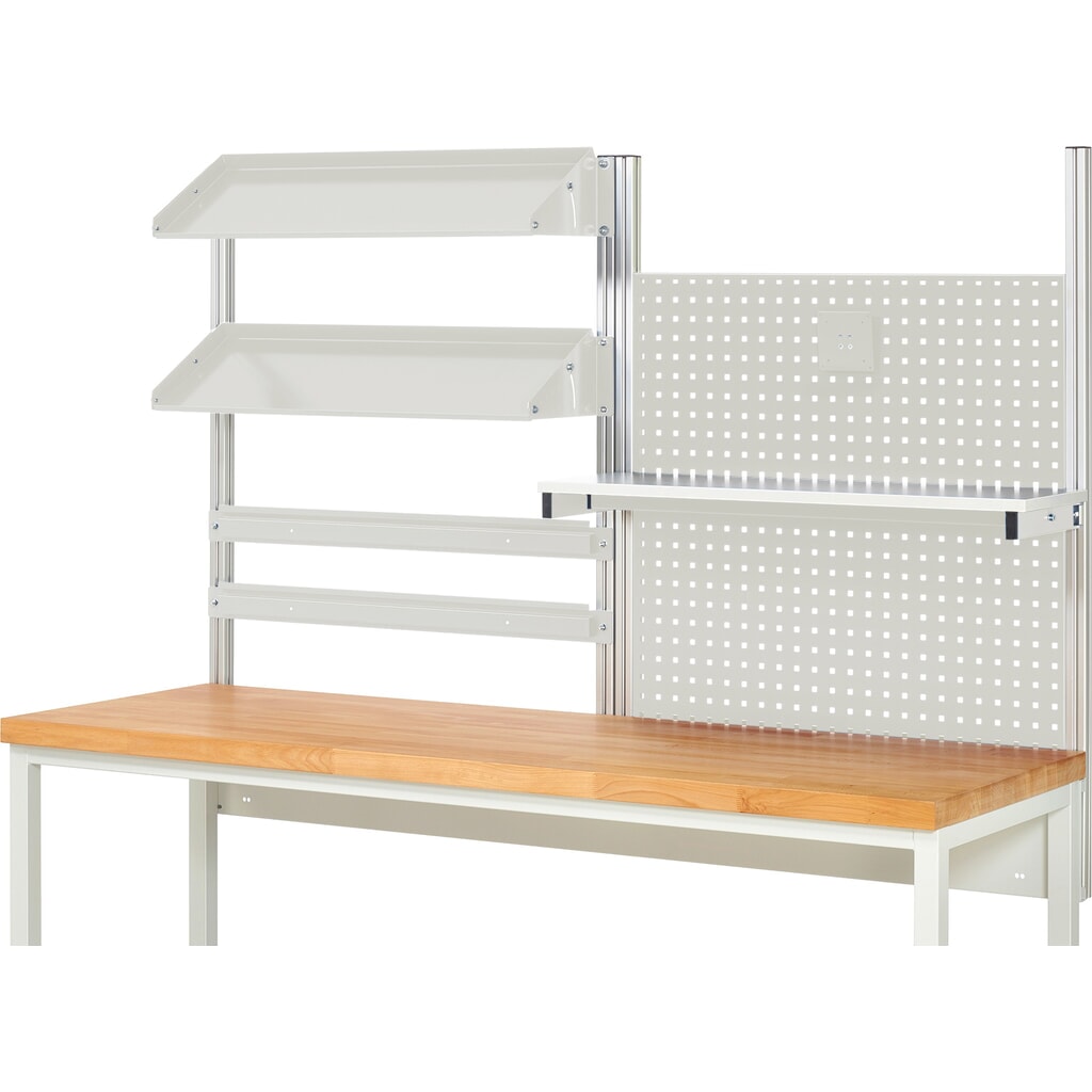 Nástavba pracovního stolu RAU, VxŠxH 1130 x 2000 x 350 mm, 1 etážová police, 2 přídržné lišty, 2 naklápěcí odkládací plochy a 1 držák pro plochý monitor, kompletní sada 05 pro šířku výrobku 2000 mm Číslo obrázku produktu 2: Nástavba pracovního stolu RAU, VxŠxH 1130 x 2000 x 350 mm, 1 etážová police, 2 přídržné lišty, 2 naklápěcí odkládací plochy a 1 držák pro plochý monitor, kompletní sada 05 pro šířku výrobku 2000 mm
